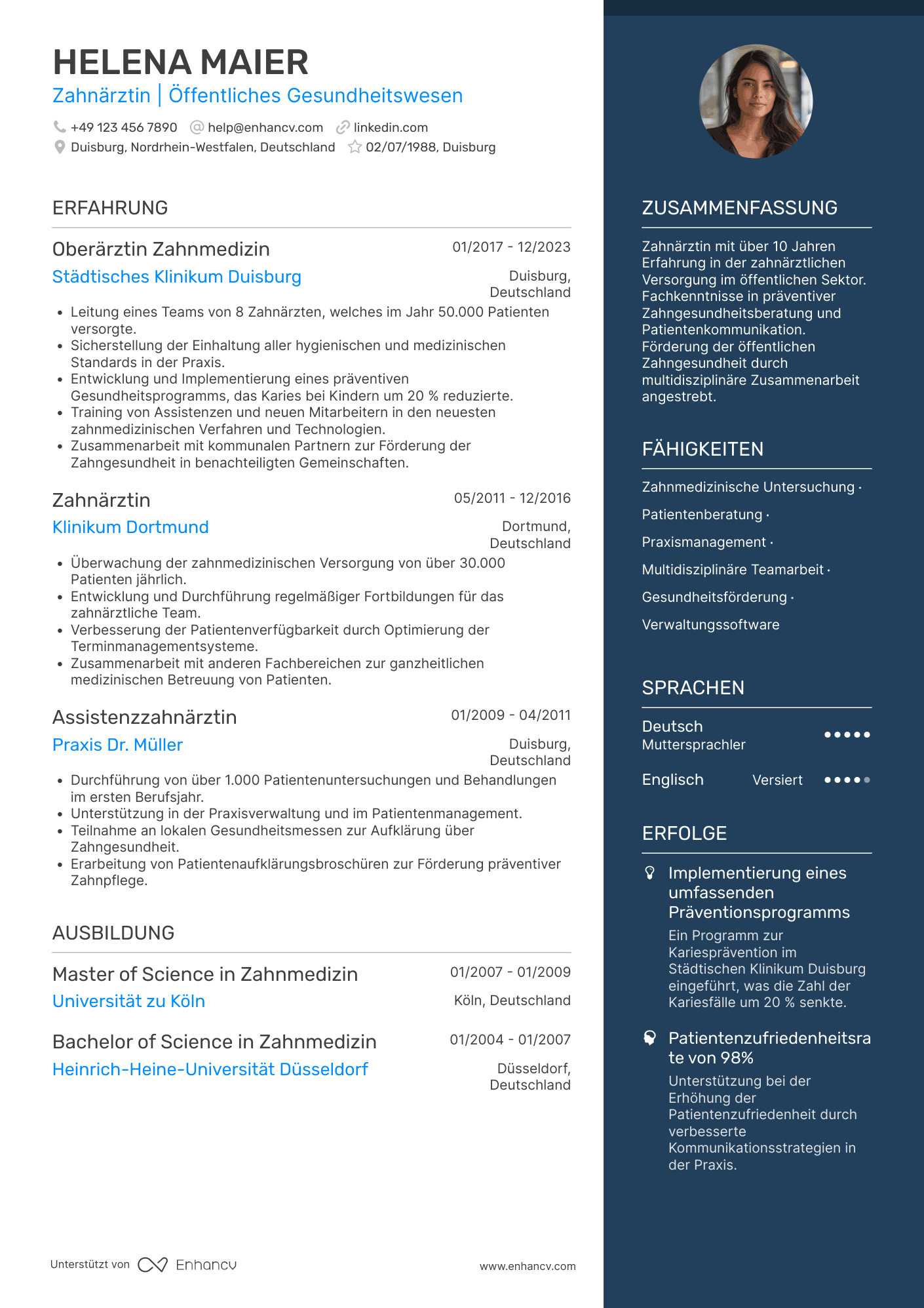 Lebenslauf in Zahnarzt für Zahnmedizin in der öffentlichen Verwaltung Resume Example