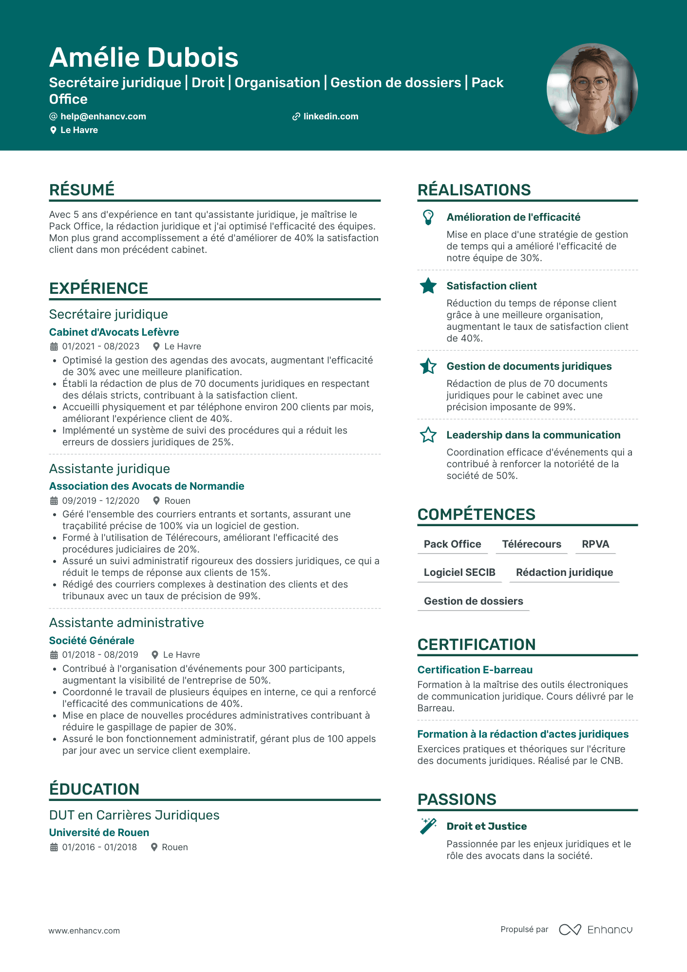 Secrétaire juridique en cabinet d’avocats Resume Example