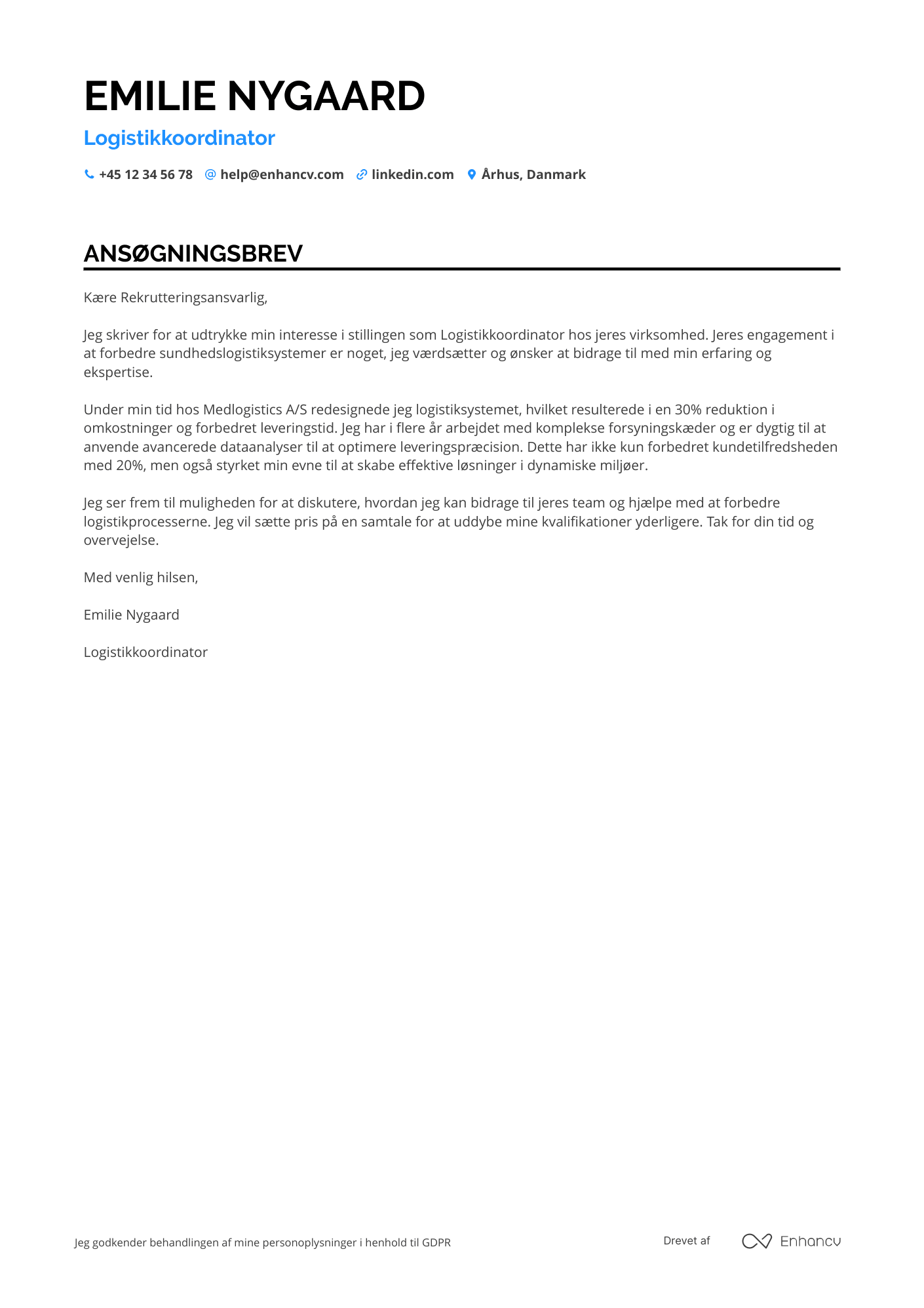 Ansøgningsbrev til Logistikkoordinator i sundhedssektoren Resume Example