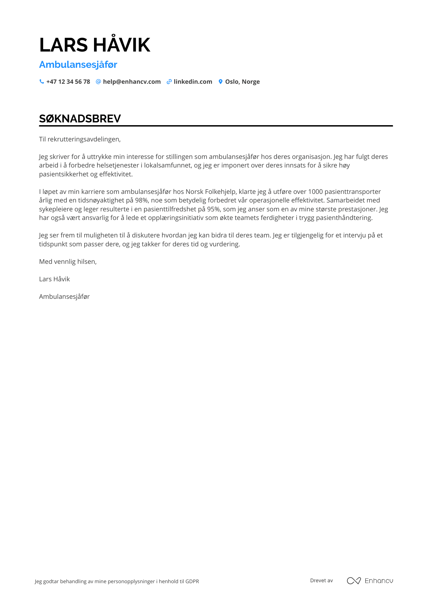 Søknadsbrev for Ambulanse sjåfør Resume Example
