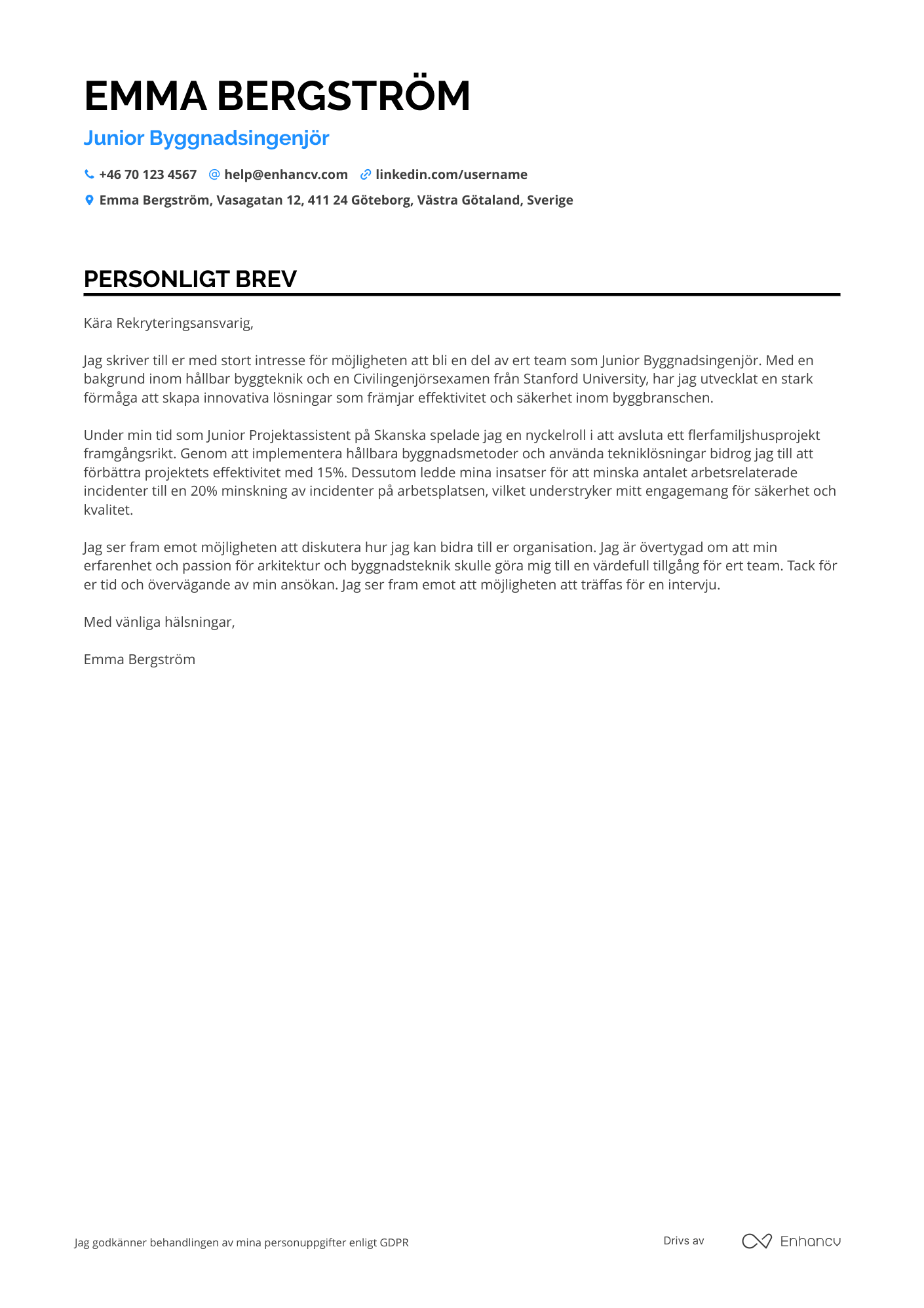 Personligt brev för Junior Byggnadsingenjör Resume Example