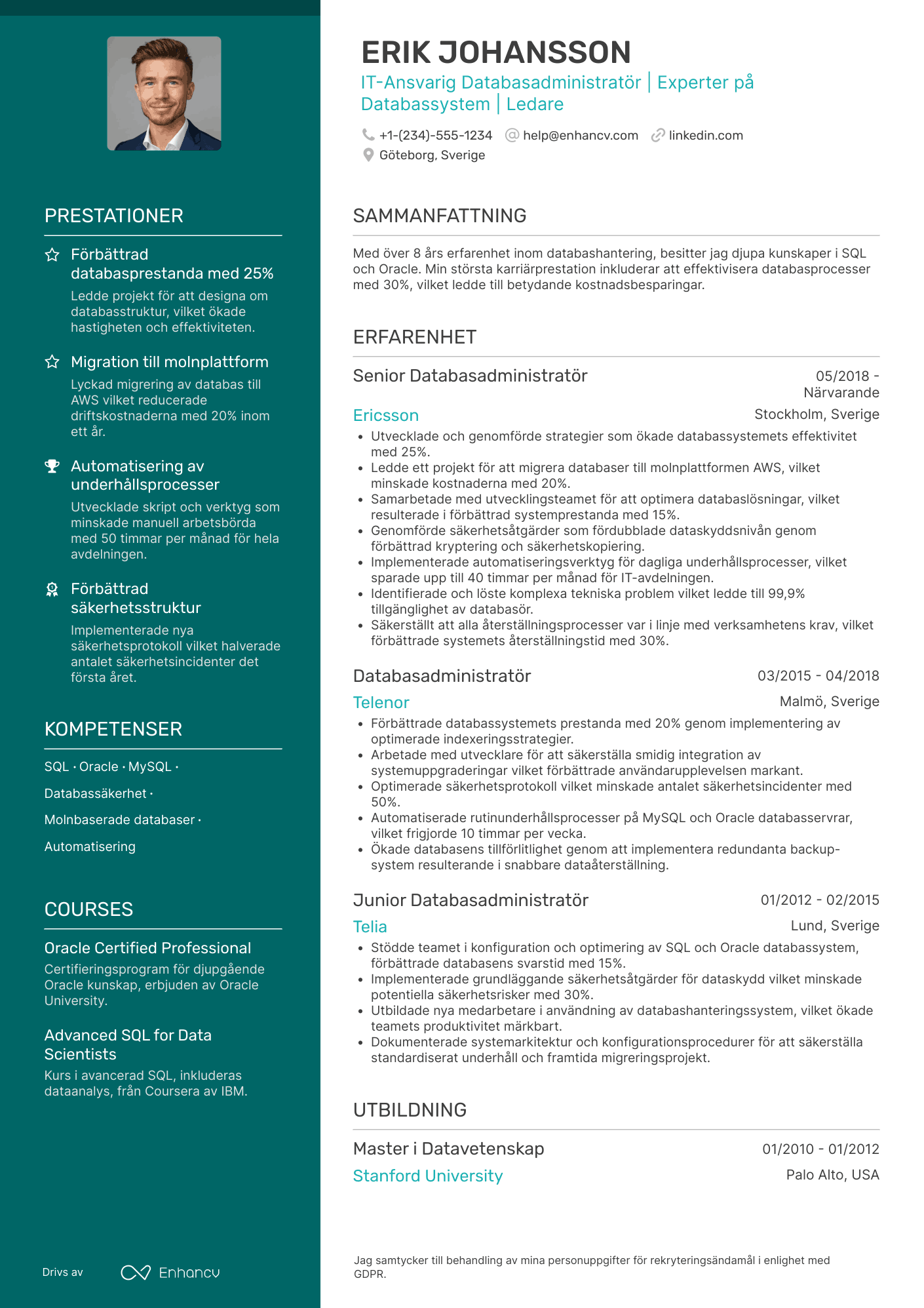 CV för IT Ansvarig Databasadministratör Resume Example