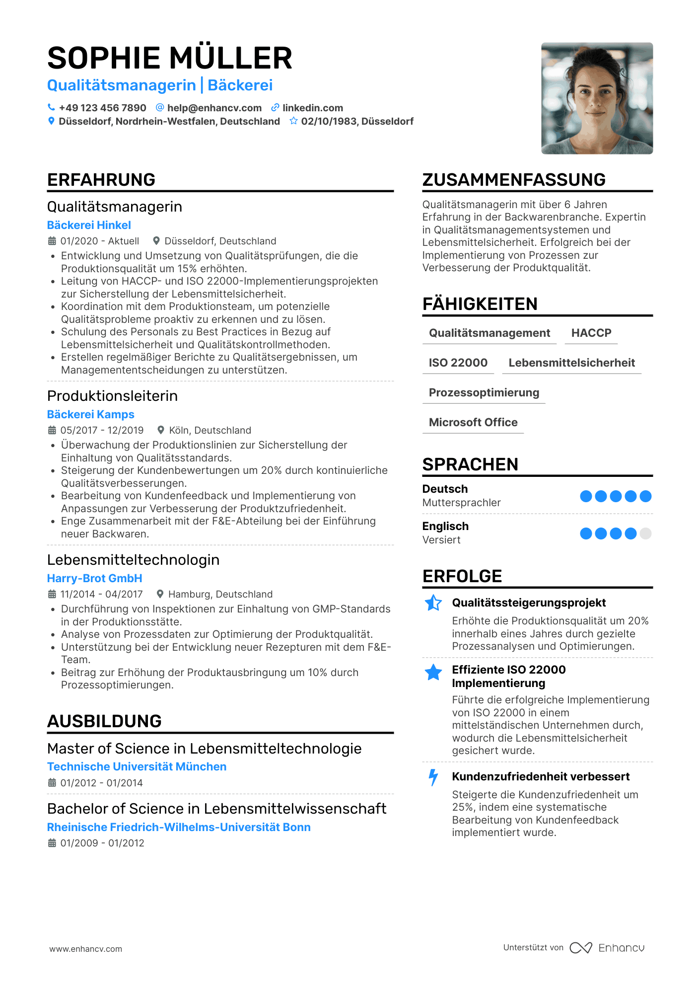 Lebenslauf als Bäckerei Qualitätsmanager Resume Example