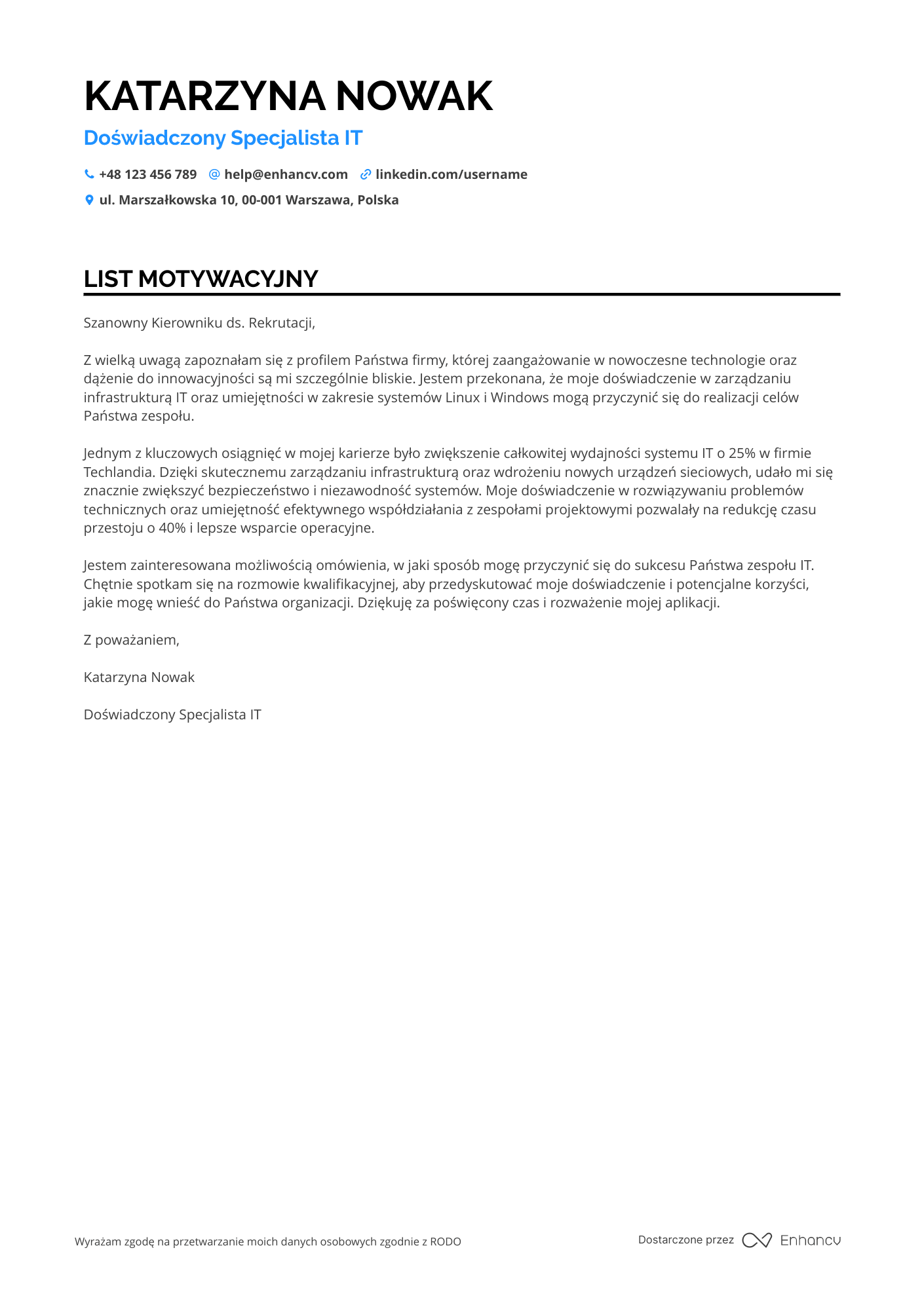 List motywacyjny dla Doświadczony Specjalista IT Resume Example