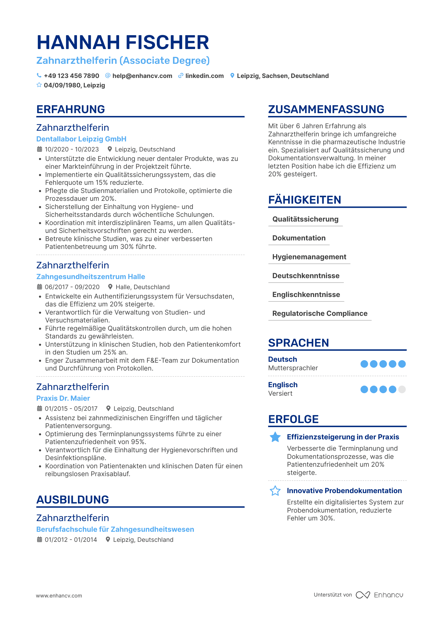 Lebenslauf in Zahnarzthelferin in der pharmazeutischen Industrie Resume Example