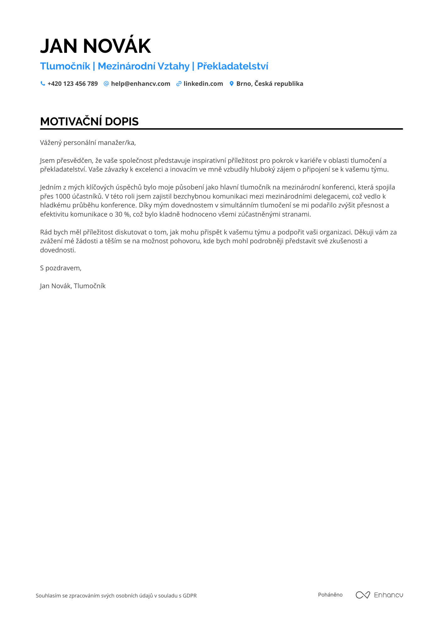 Motivační dopis pro Tlumočník pro vládní instituce Resume Example