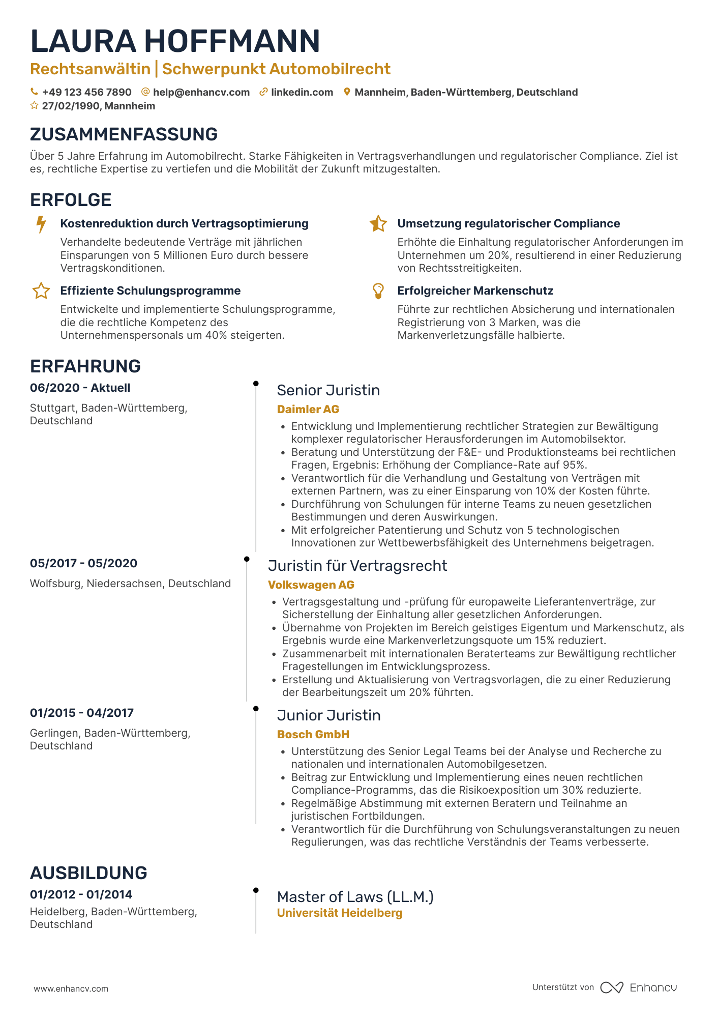 Lebenslauf in Jurist in der Automobilindustrie Resume Example