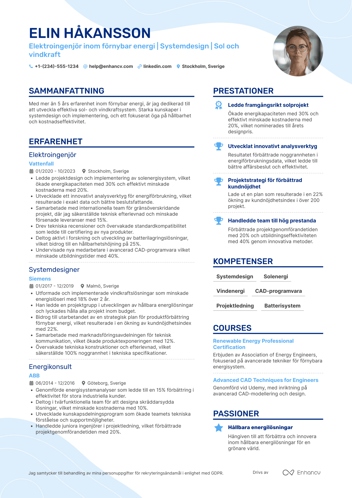 CV för Elektroingenjör förnybar energi Resume Example