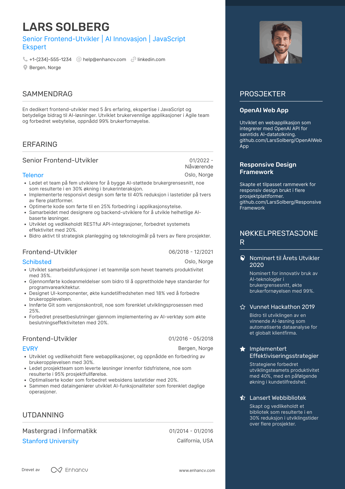 CV for Frontend‑utvikler innen AI Resume Example