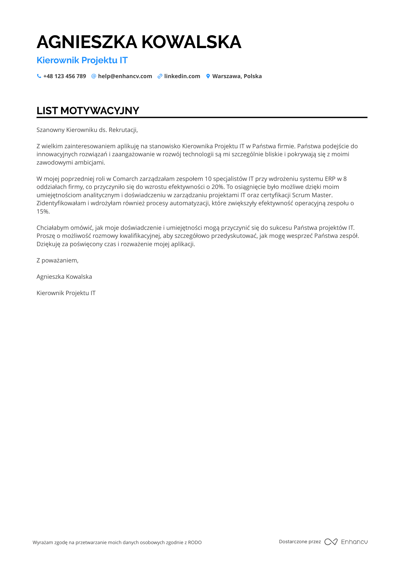 List motywacyjny dla Kierownik Projektu IT Resume Example