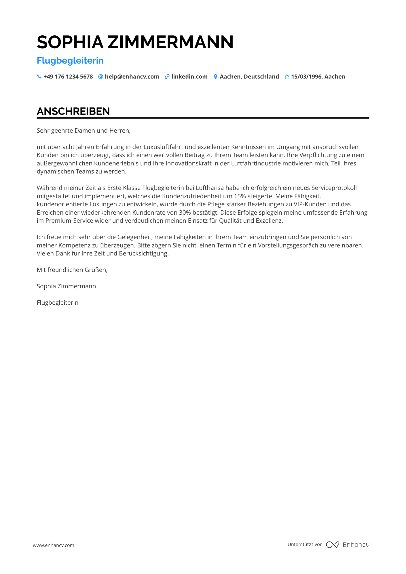 Flugbegleiter in der Luxusluftfahrt Resume Example