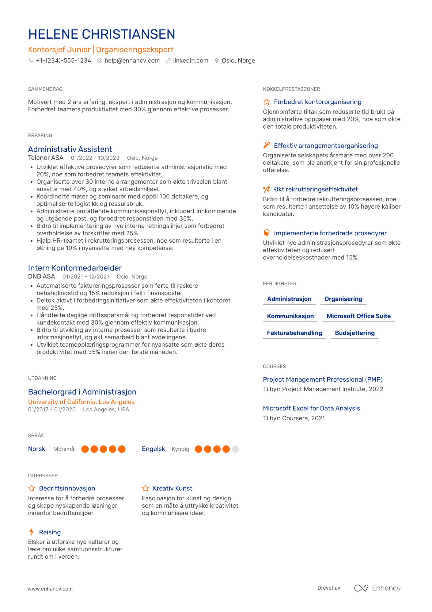 CV for Kontorsjef junior Resume Example