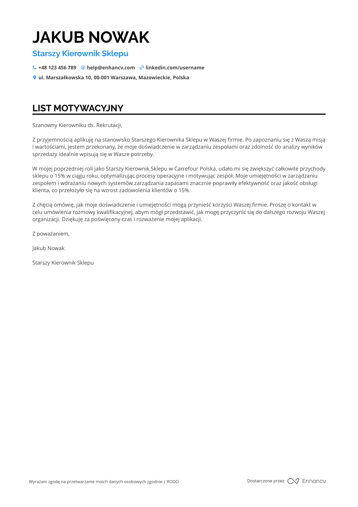 List motywacyjny dla Starszy Kierownik Sklepu Resume Example