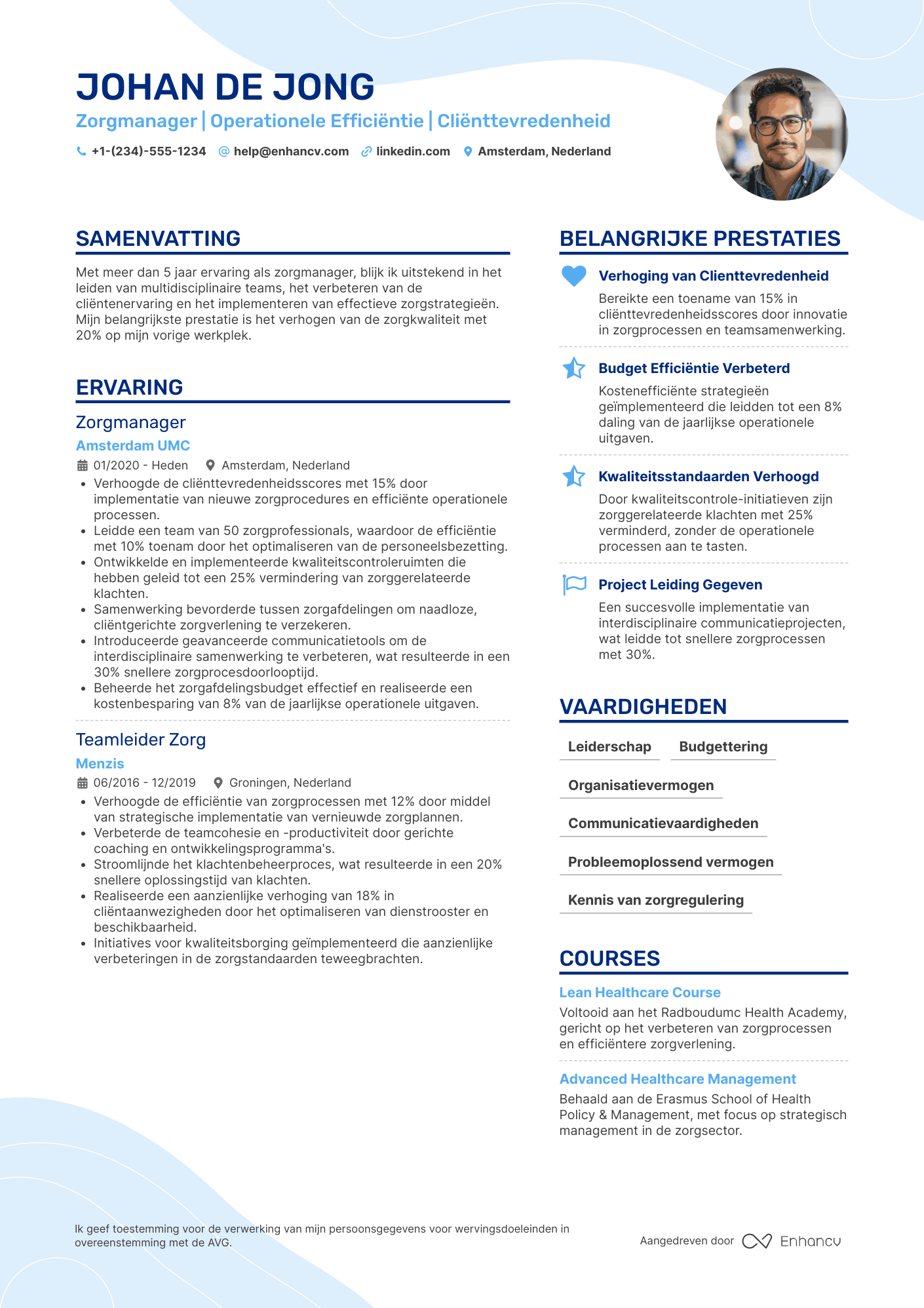 CV voor Zorgmanager Resume Example