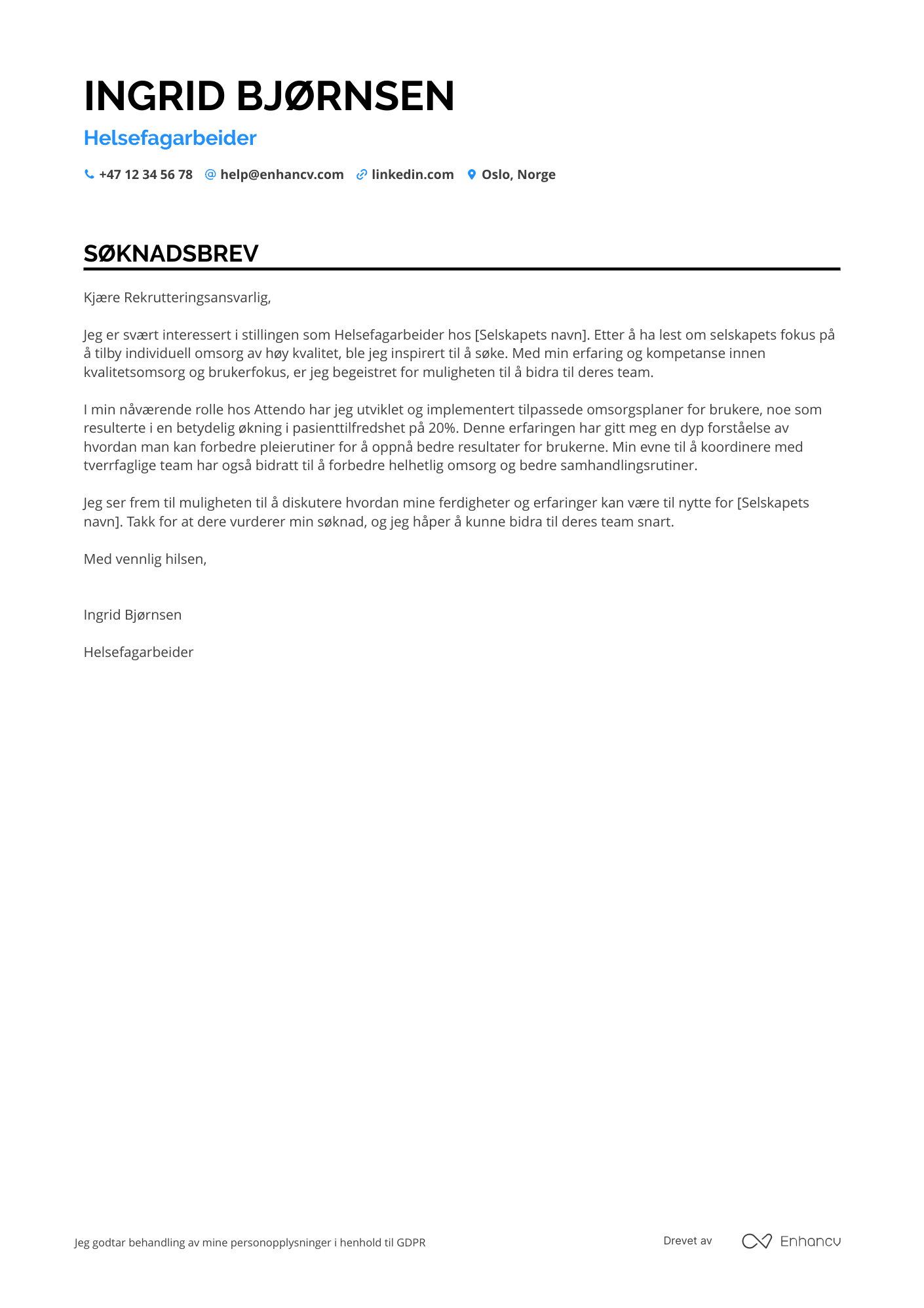 Søknadsbrev for Helsefagarbeider i Hjemmetjeneste Resume Example