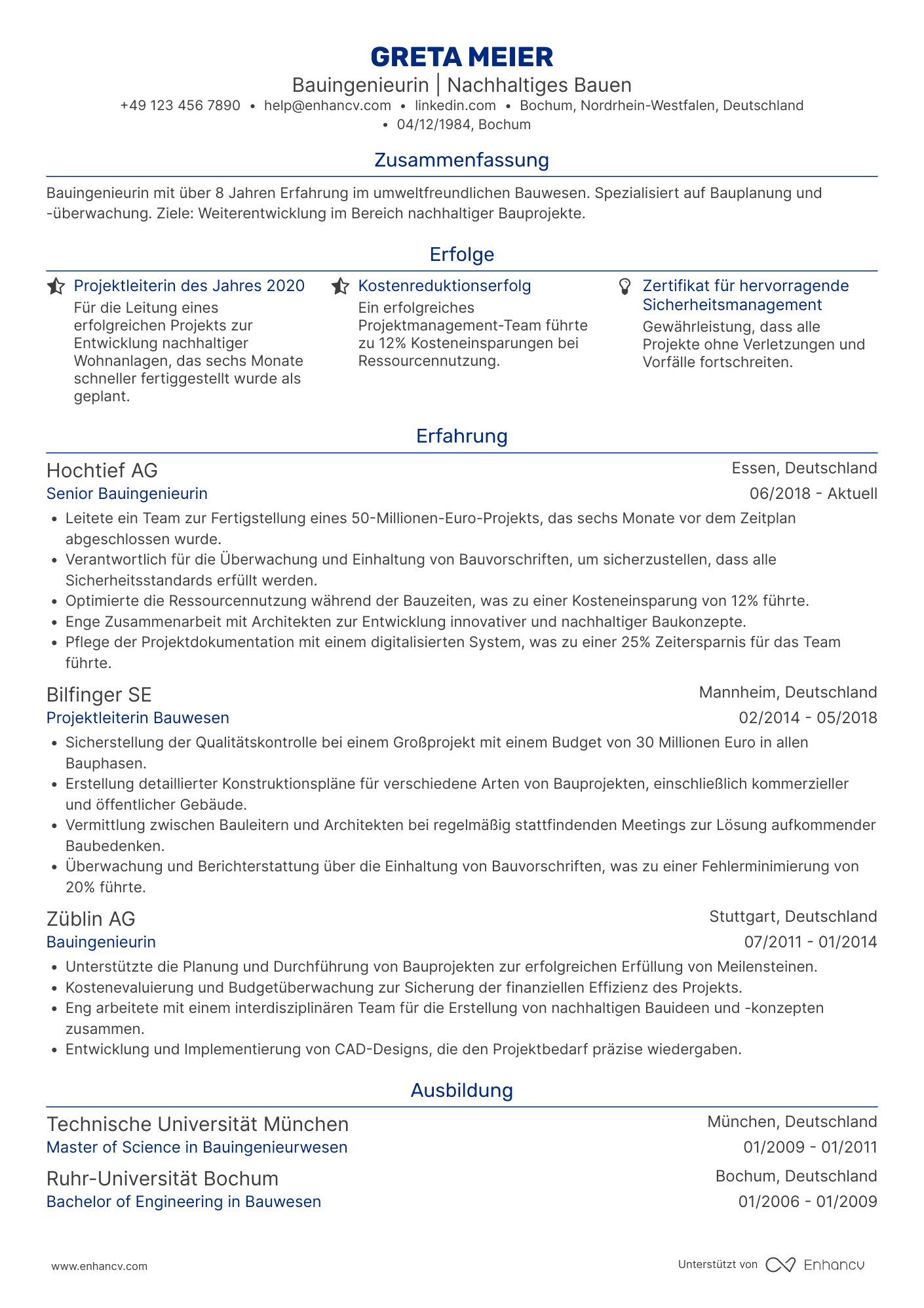 Lebenslauf in Bauingenieur in der Bauindustrie Resume Example