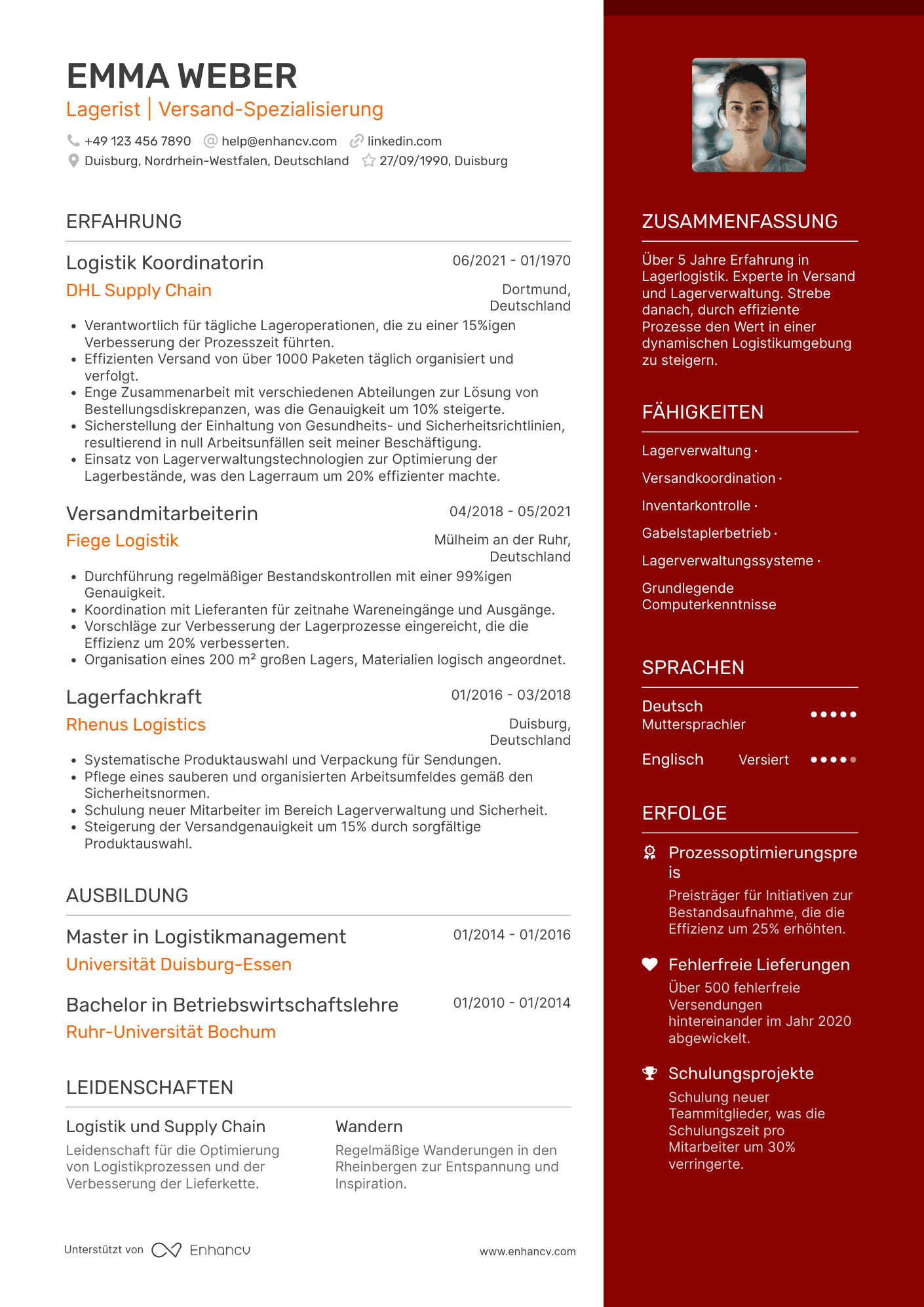 Lebenslauf als Lagerist für Versand Resume Example
