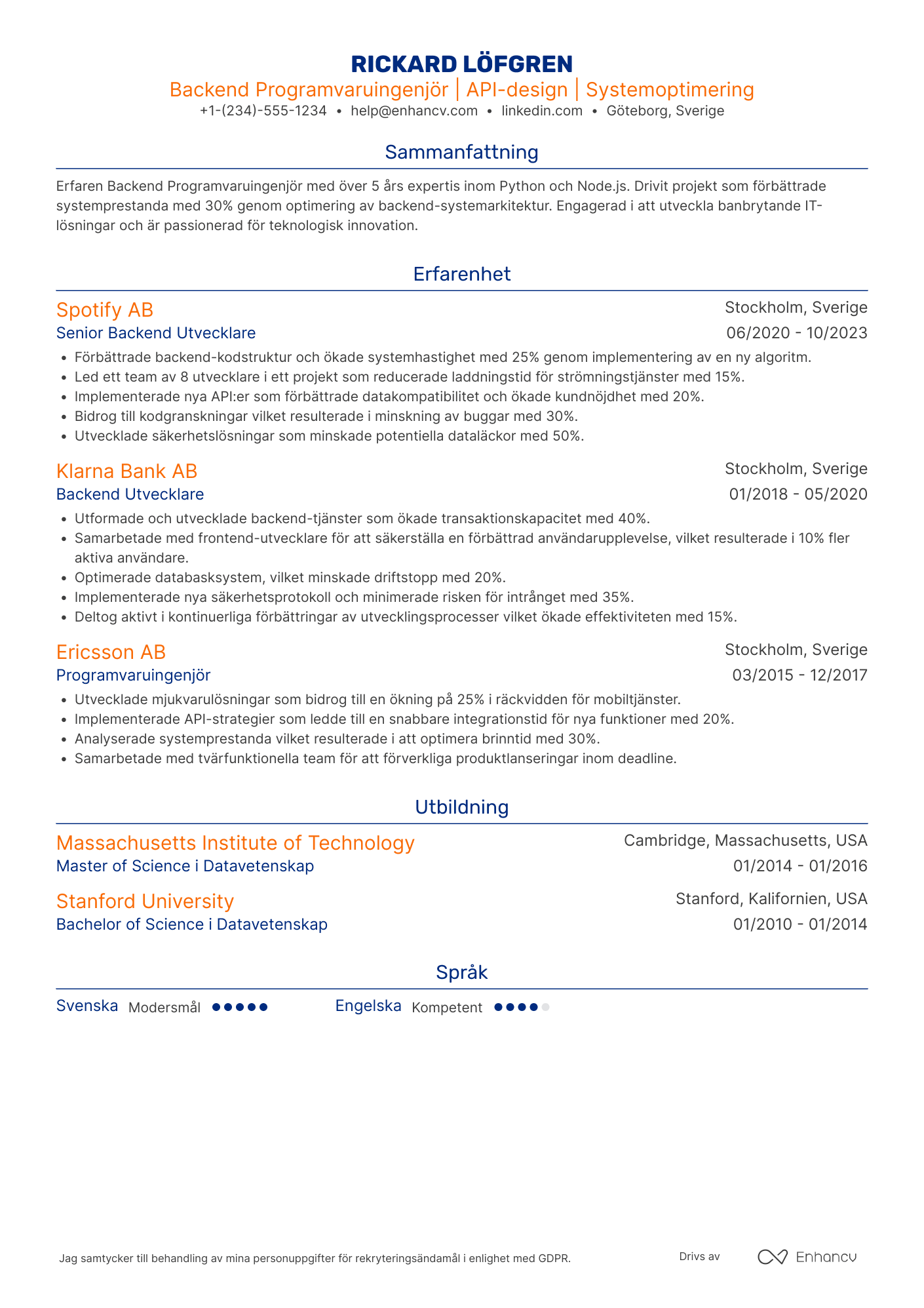 CV för Backend Programvaruingenjör Resume Example
