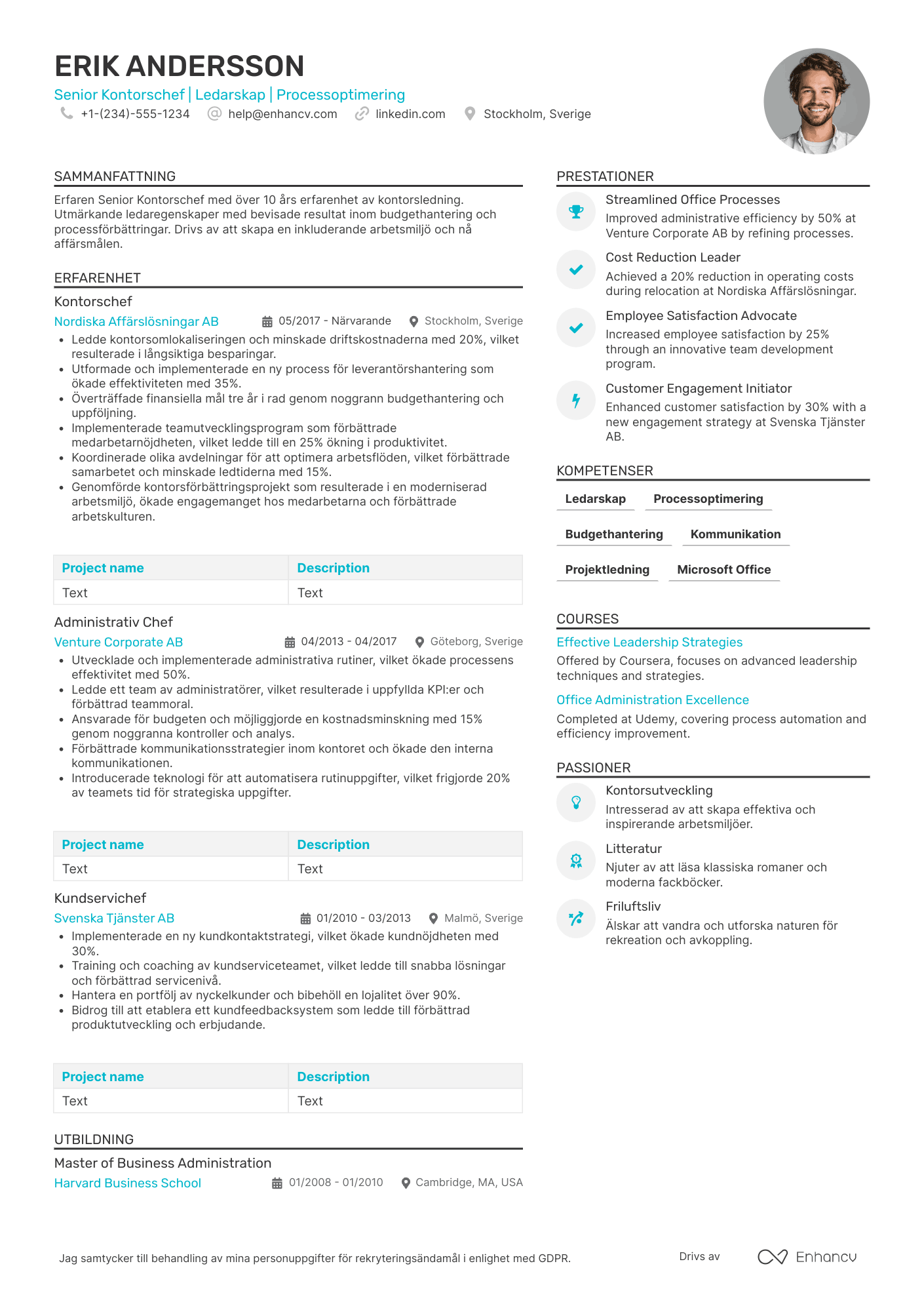 CV för Senior Kontorschef Resume Example