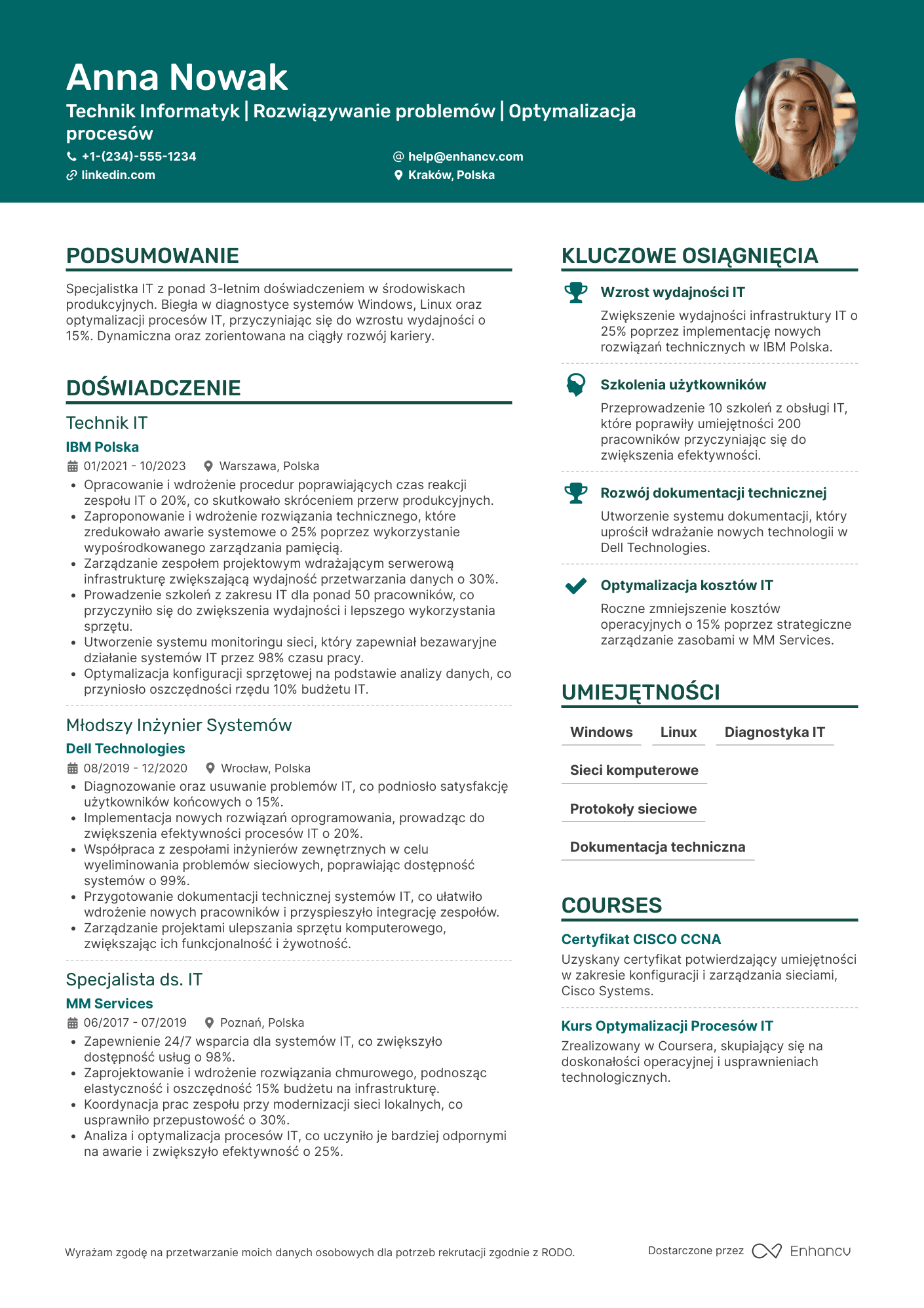 CV dla Technik Informatyk Produkcji Resume Example
