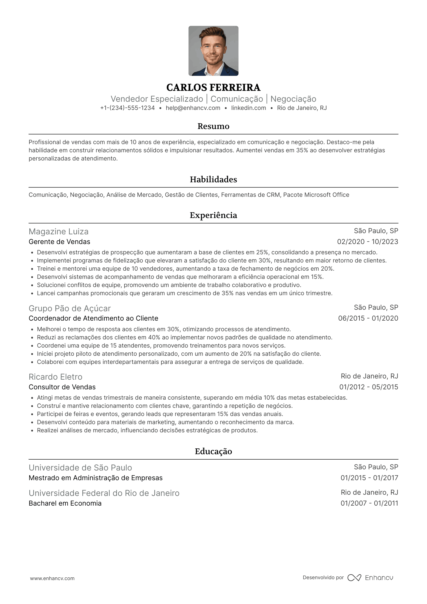 Currículo de vendedor com experiência Resume Example