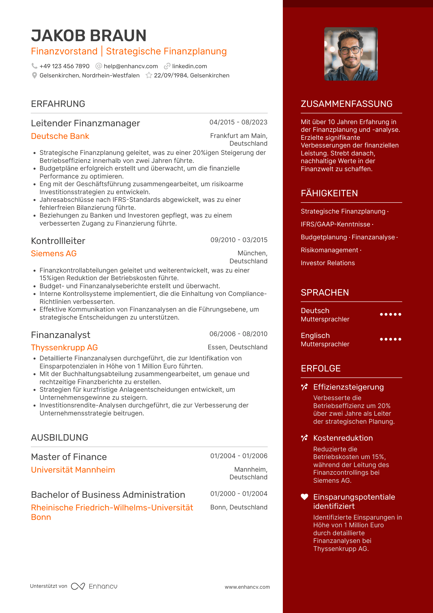 Lebenslauf als Finanzvorstand mit 10 Jahren Erfahrung Resume Example