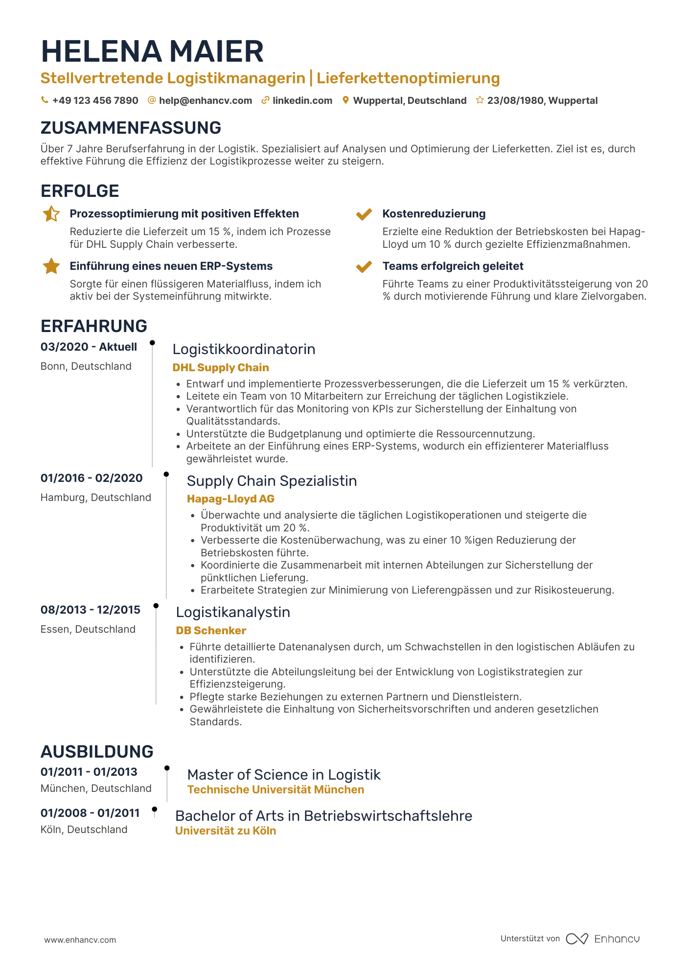 Lebenslauf in Stellvertretender Manager in der Logistikbranche Resume Example