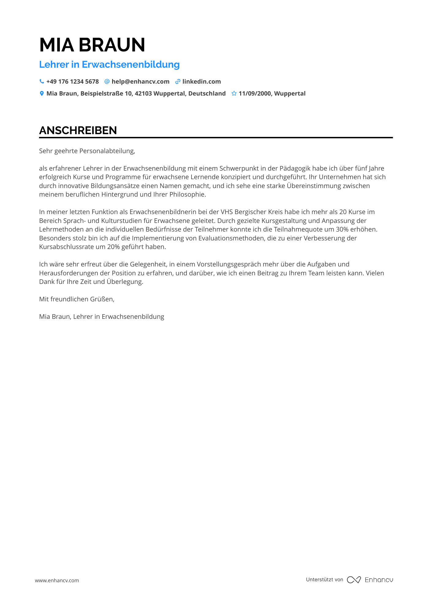 Lehrer in der Erwachsenenbildung Resume Example