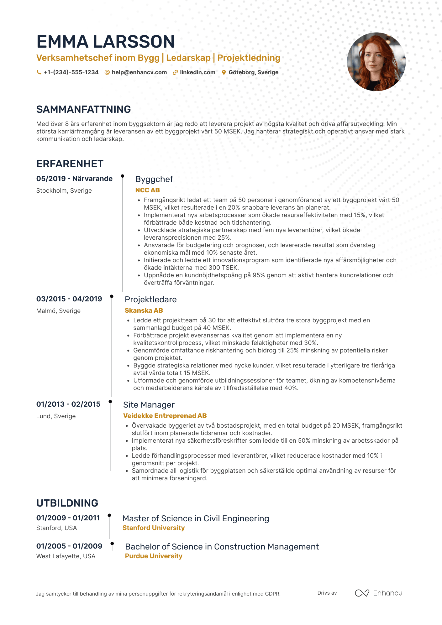 CV för Verksamhetschef inom bygg Resume Example