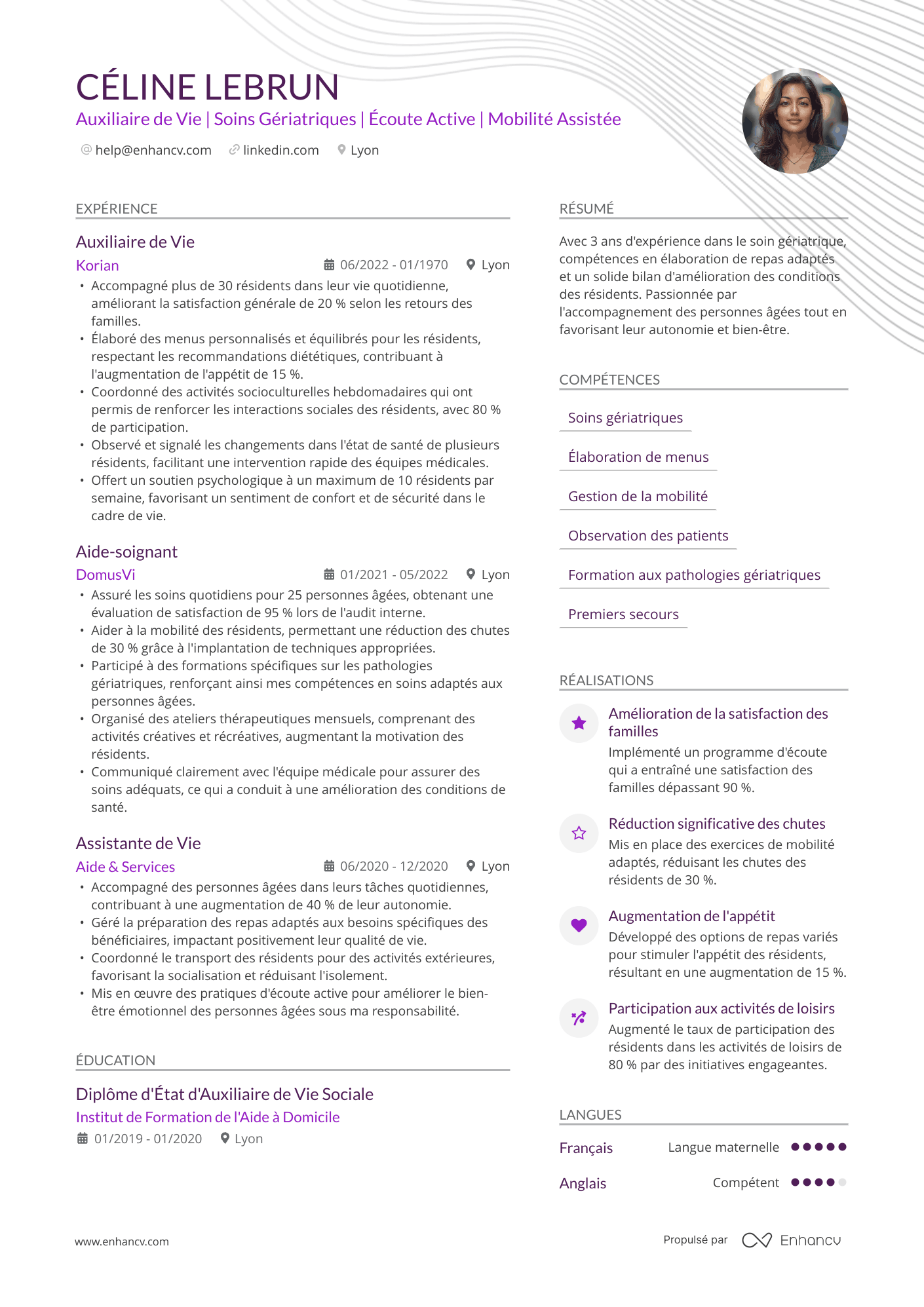 Auxiliaire de vie pour les personnes âgées Resume Example