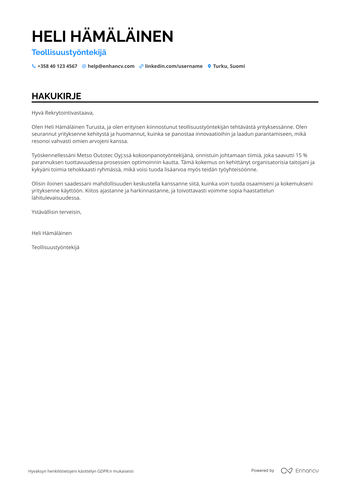 Hakukirje Aloitteleva Teollisuustyöntekijä Resume Example