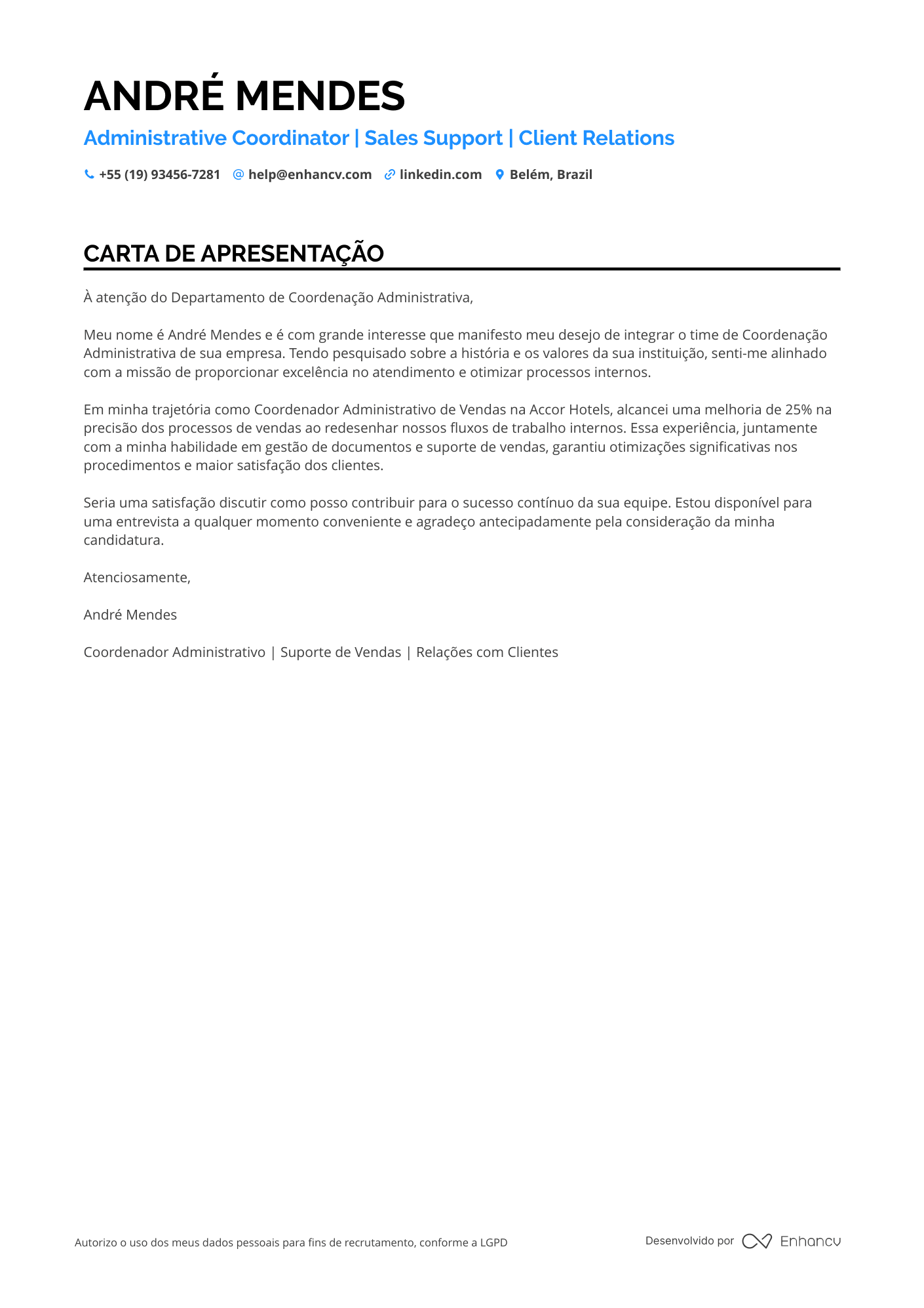 Auxiliar Administrativo de Vendas Resume Example