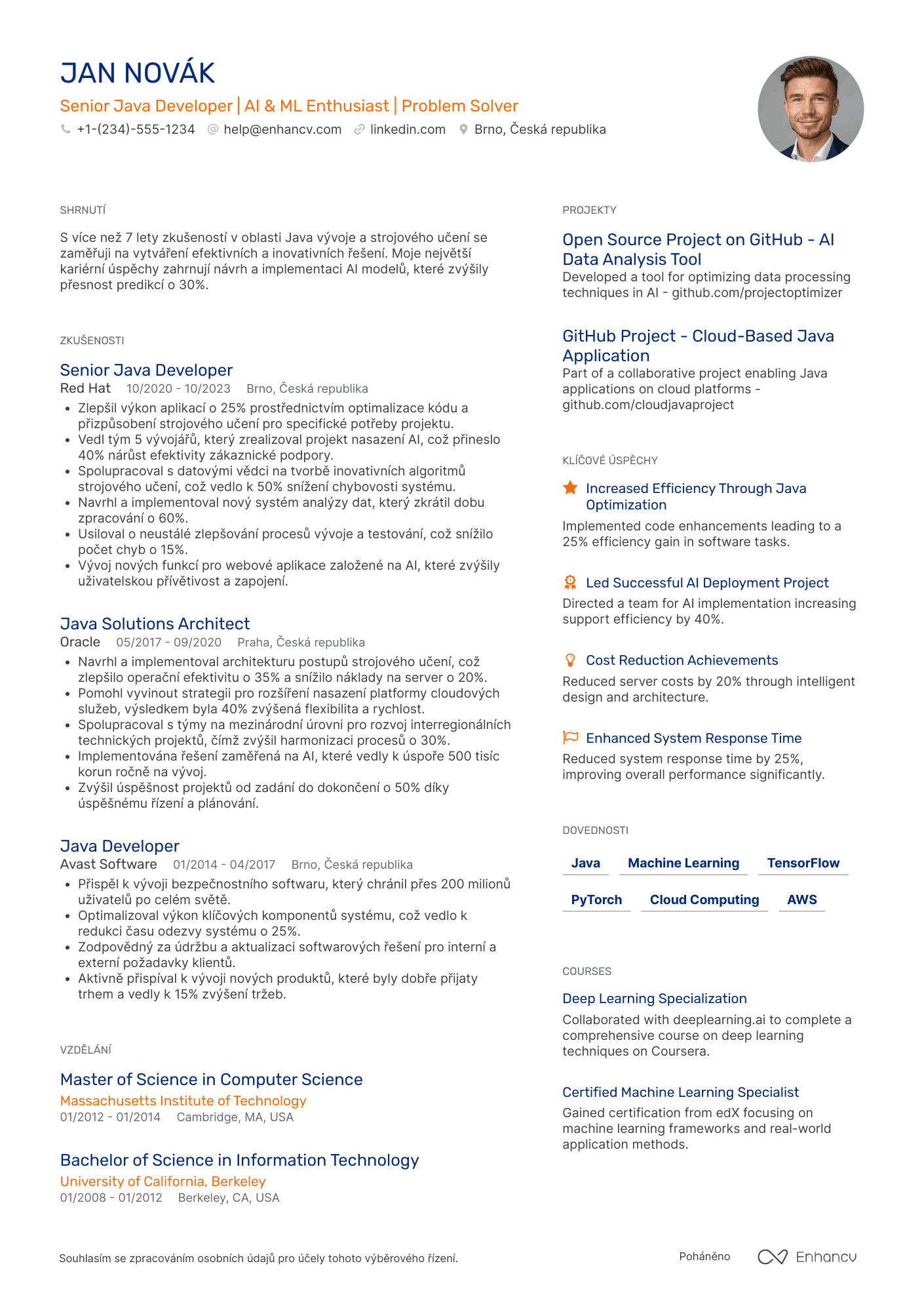 Životopis pro Java vývojář AI a strojového učení Resume Example