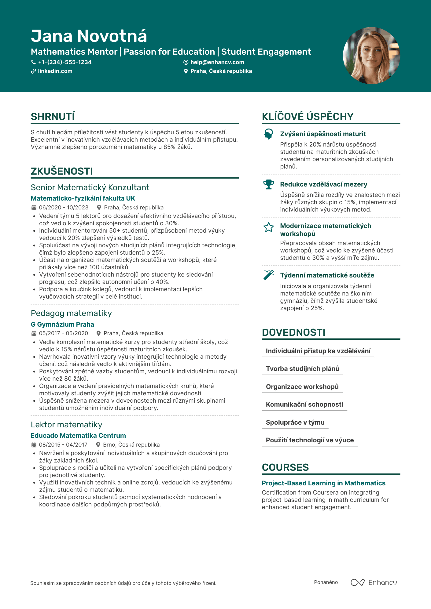 Životopis pro Mentor učitel matematiky Resume Example