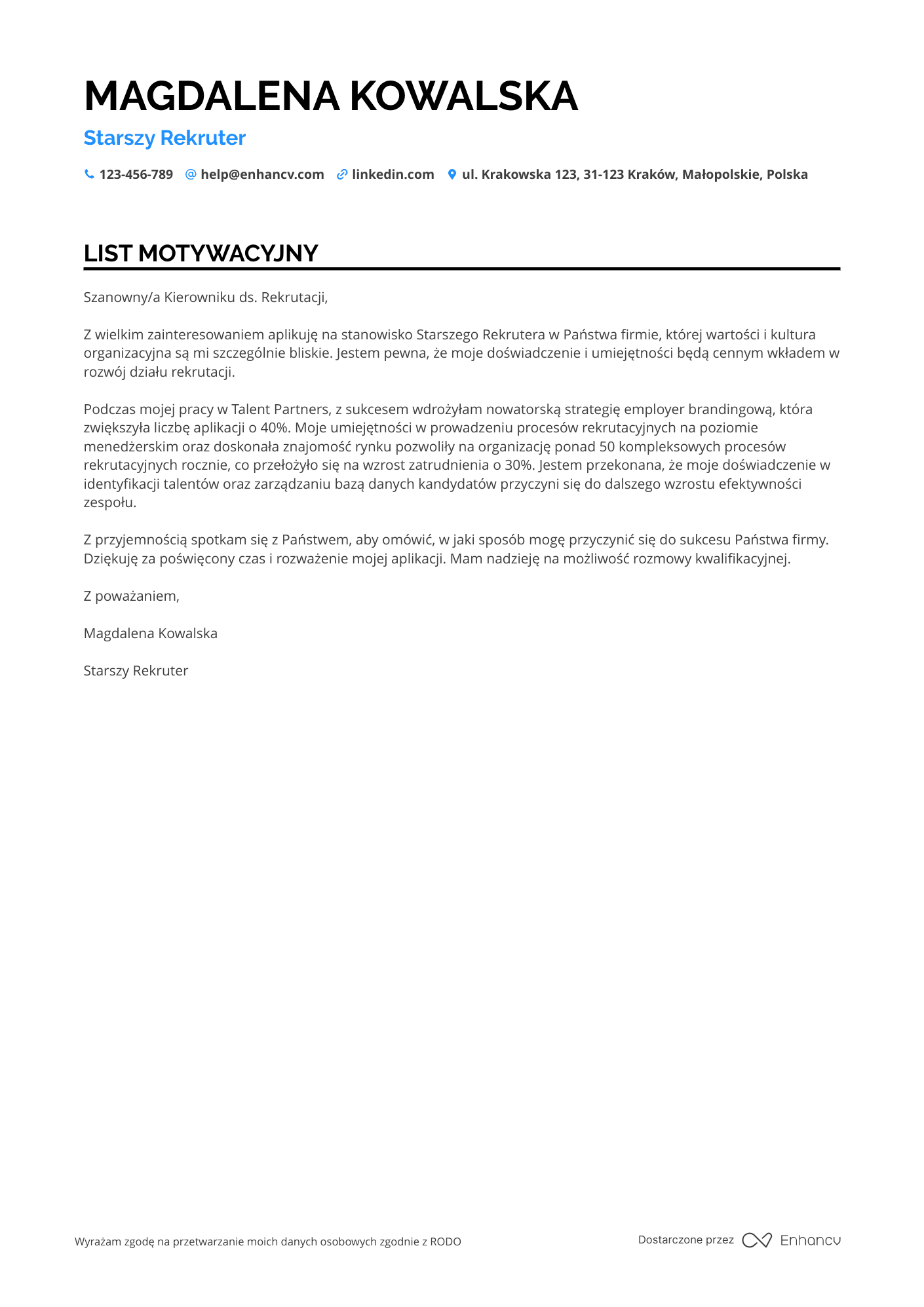 List motywacyjny dla Starszy Rekruter Resume Example