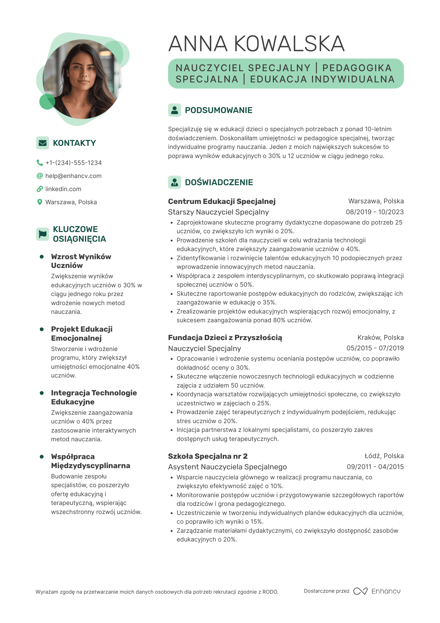 CV dla Nauczyciel w Szkole Specjalnej Resume Example