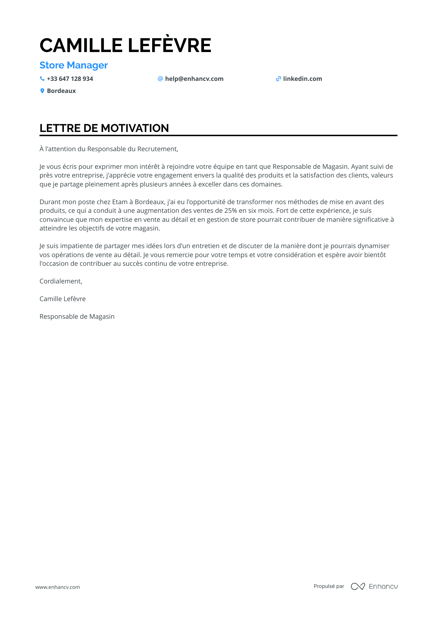 Vendeuse en prêt à porter Resume Example