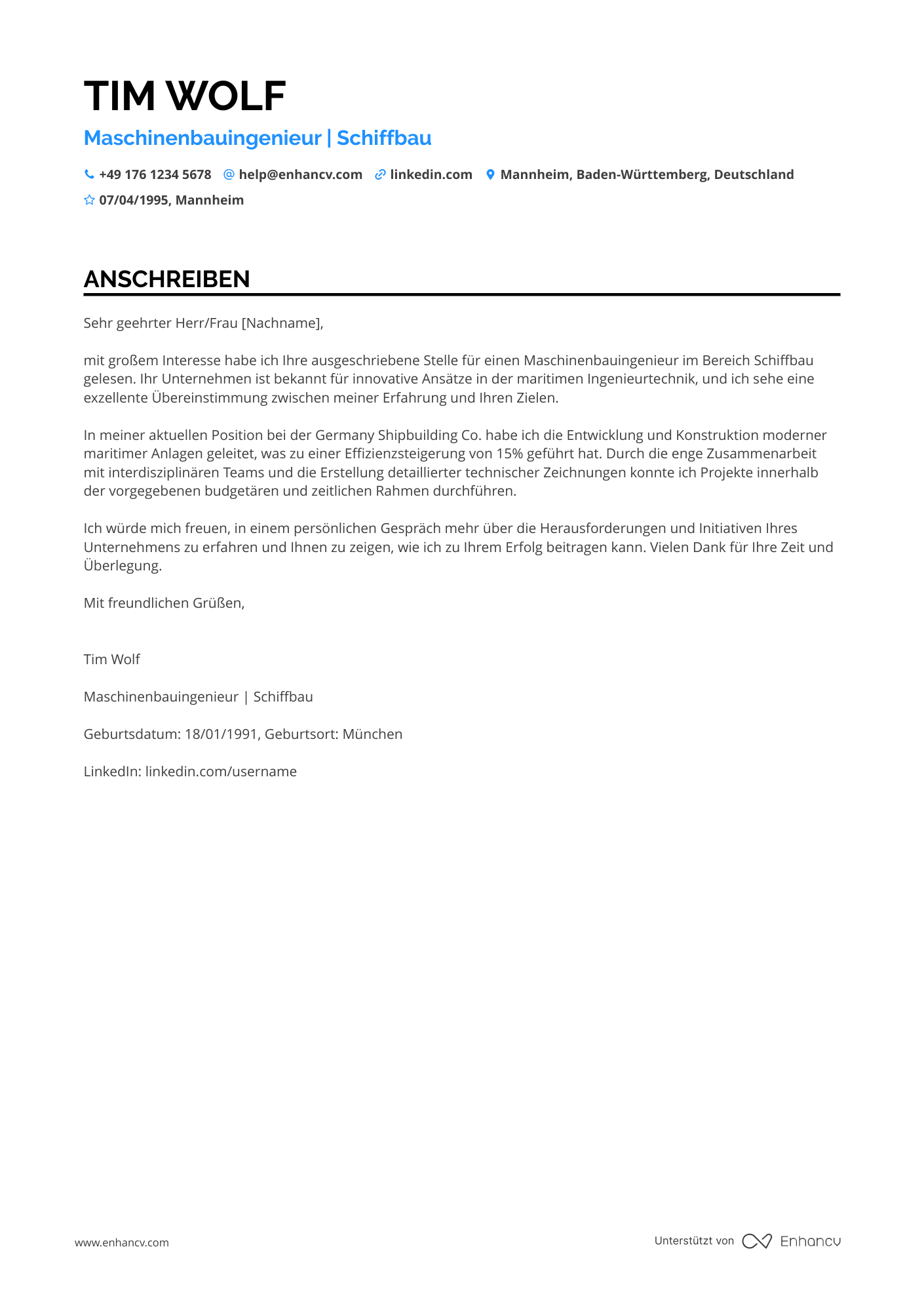 Maschinenbauingenieur in der Schiffbauindustrie Resume Example