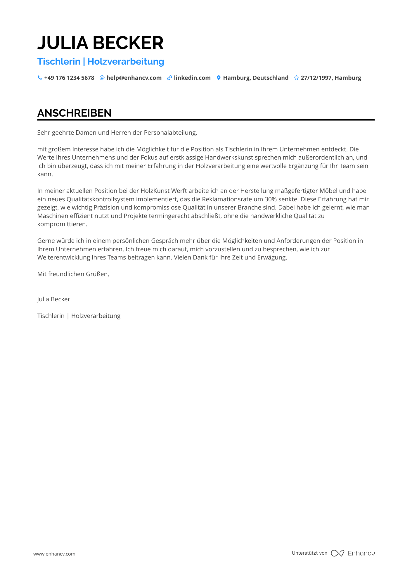 Einsteiger Tischler Resume Example