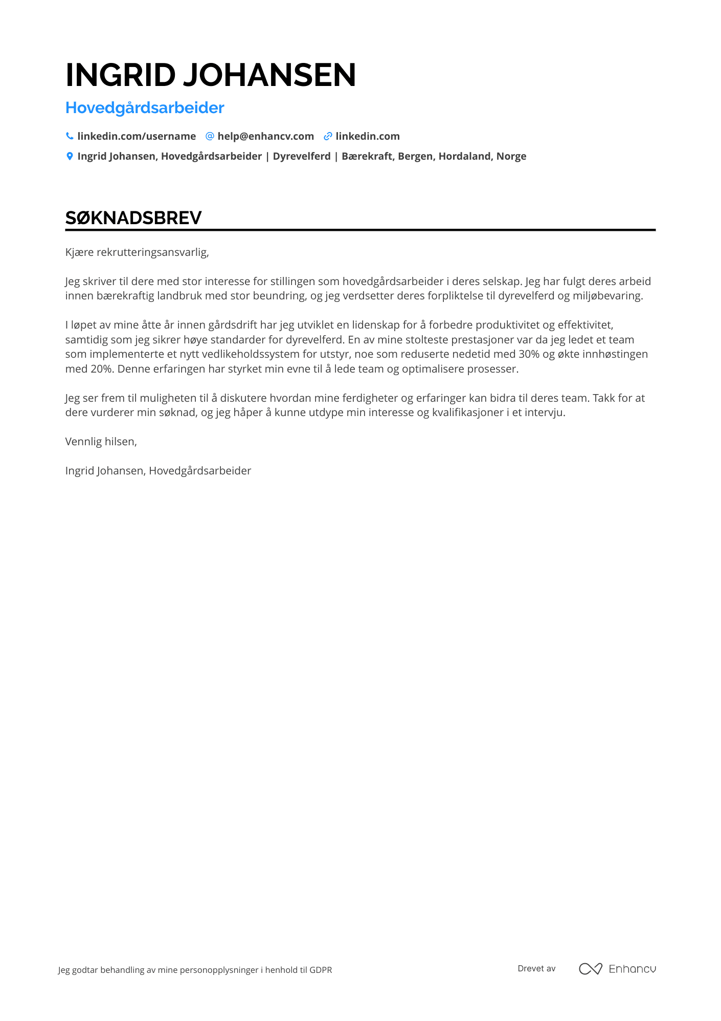 Søknadsbrev for Hovedgårdsarbeider Resume Example