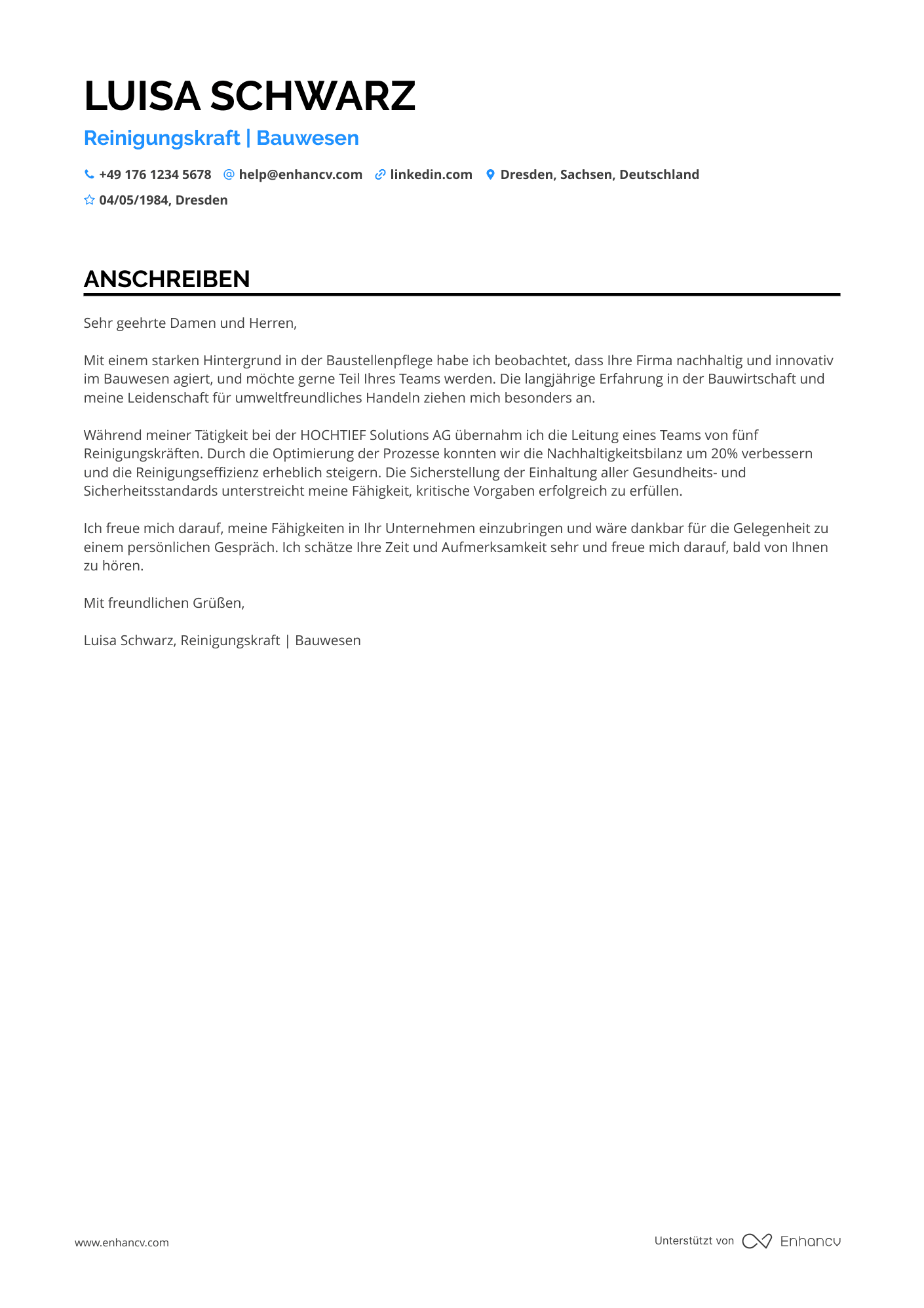 Reinigungskraft für Bauwesen Resume Example