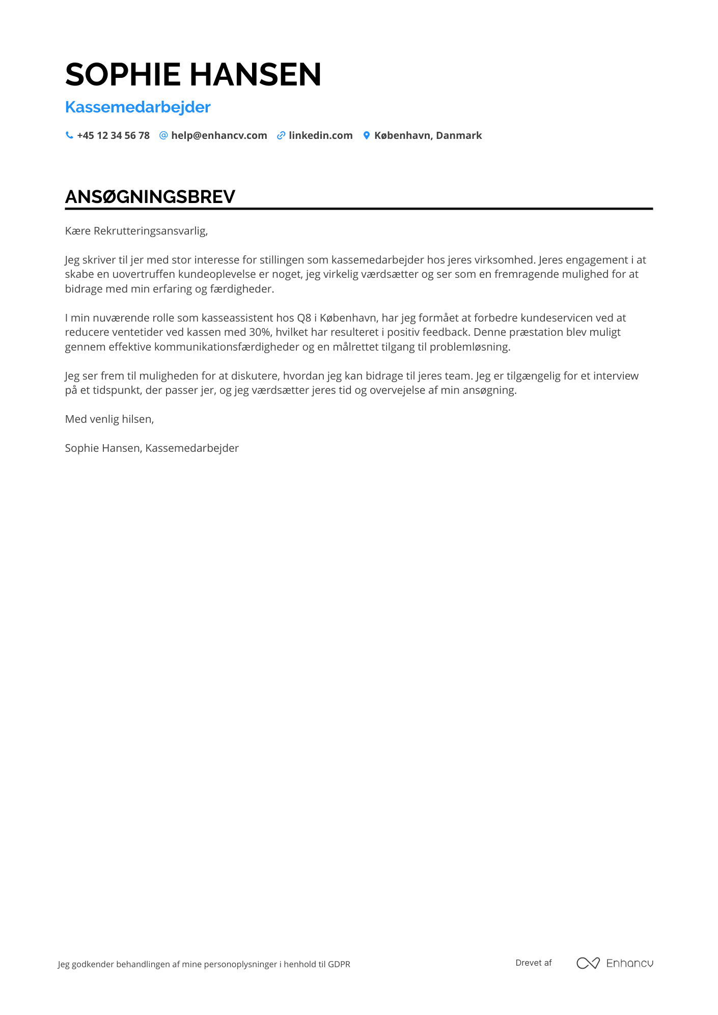 Ansøgningsbrev til Kassemedarbejder ved tankstation Resume Example