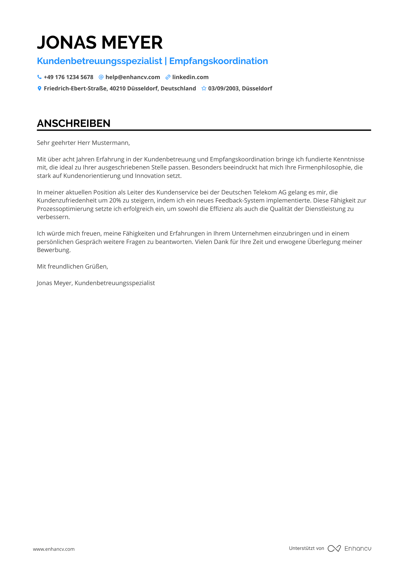 Rezeptionistin in der Kundenbetreuung Resume Example