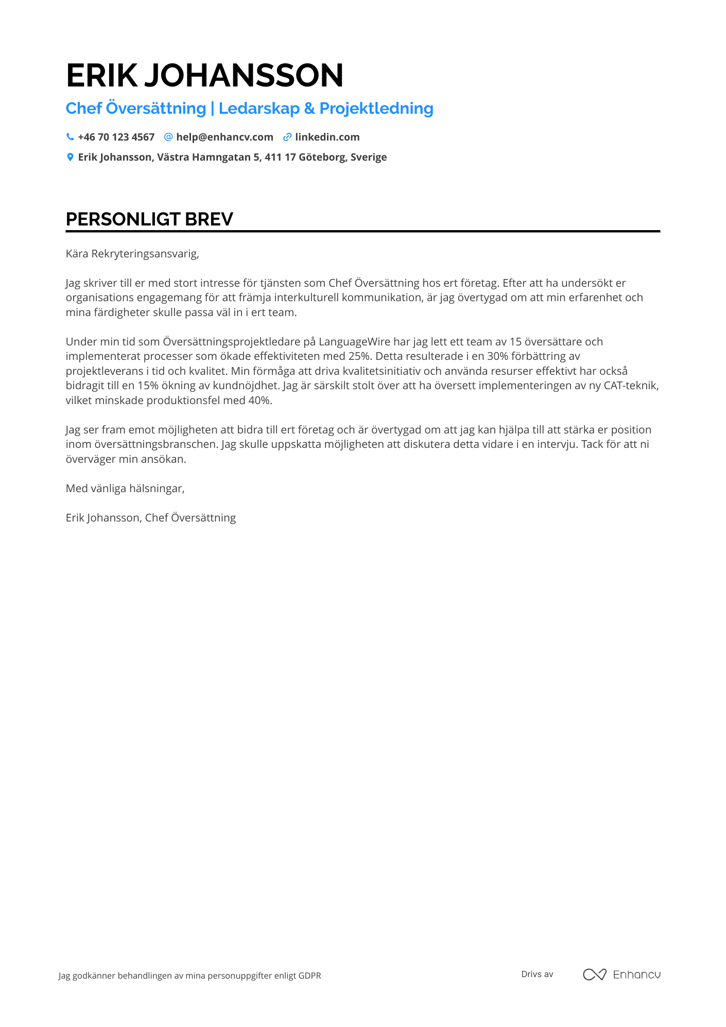 Personligt brev för Chef Översättning Resume Example