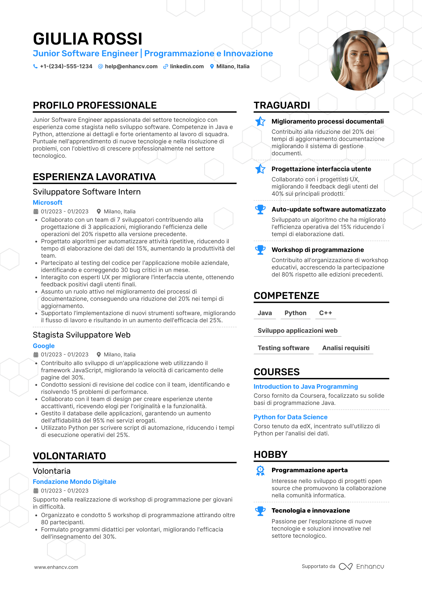 Esempio di CV junior software engineer Resume Example