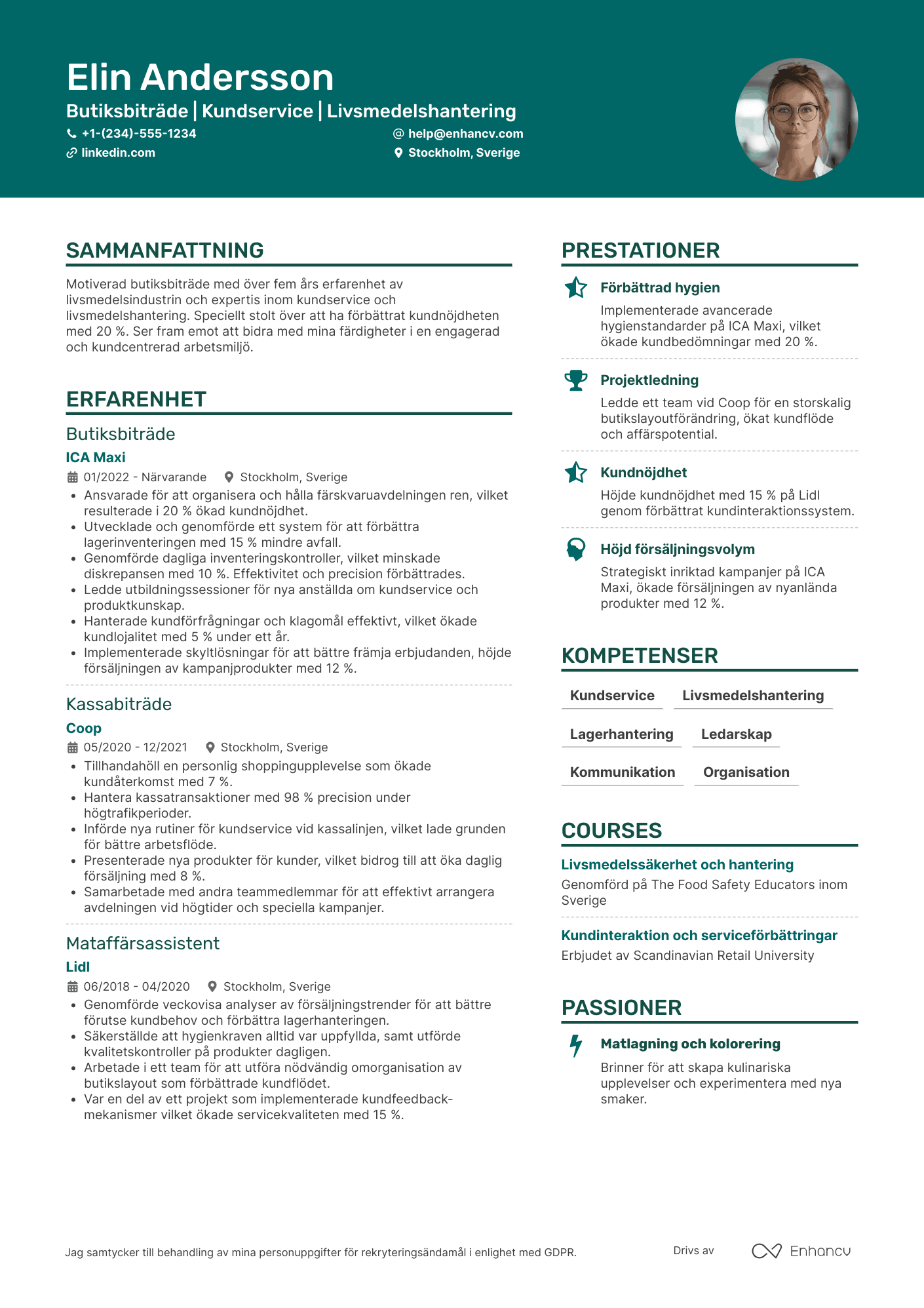 CV för Butiksbiträde Färskvaror Resume Example