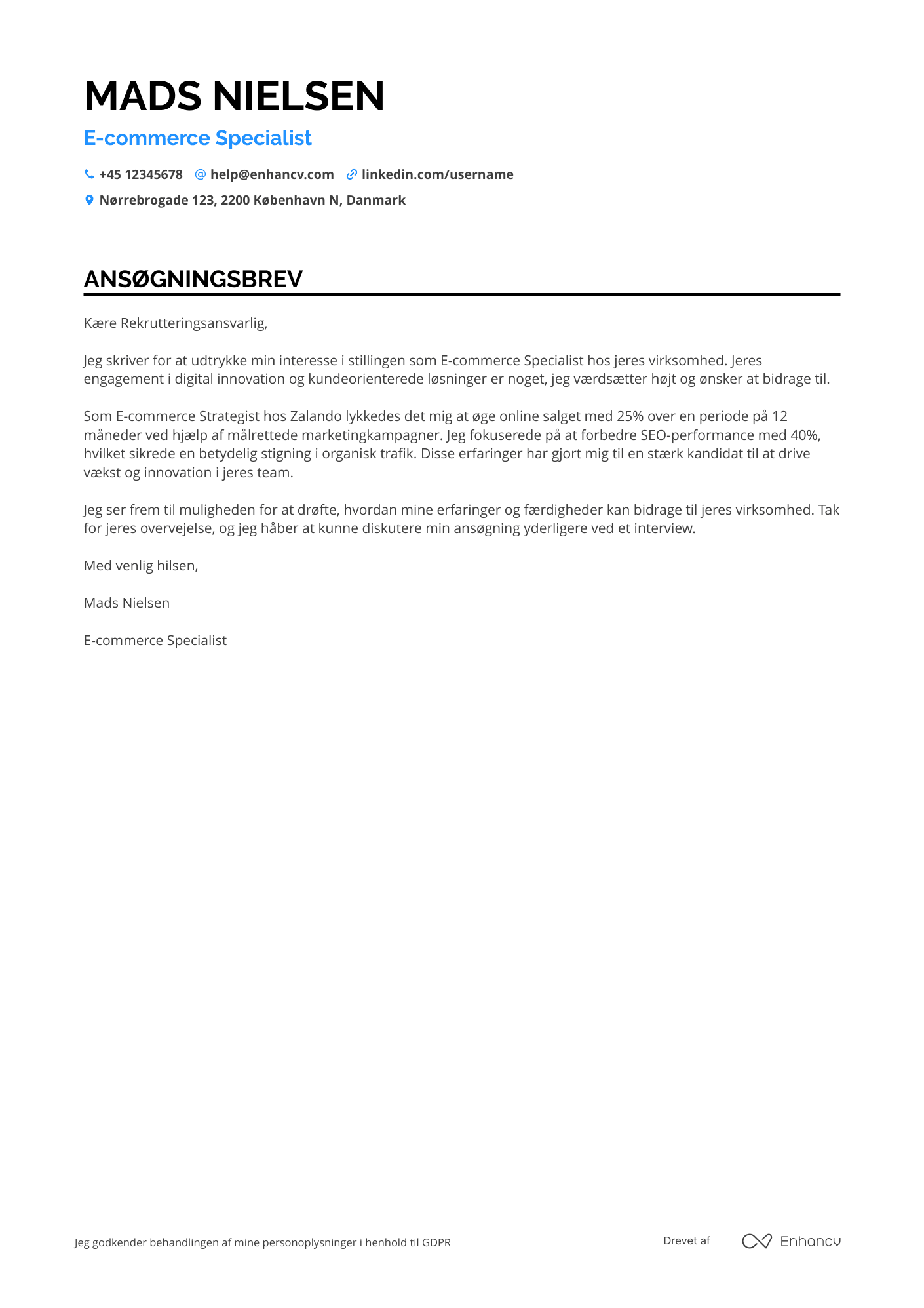 Ansøgningsbrev til E commerce specialist i digital marketing Resume Example