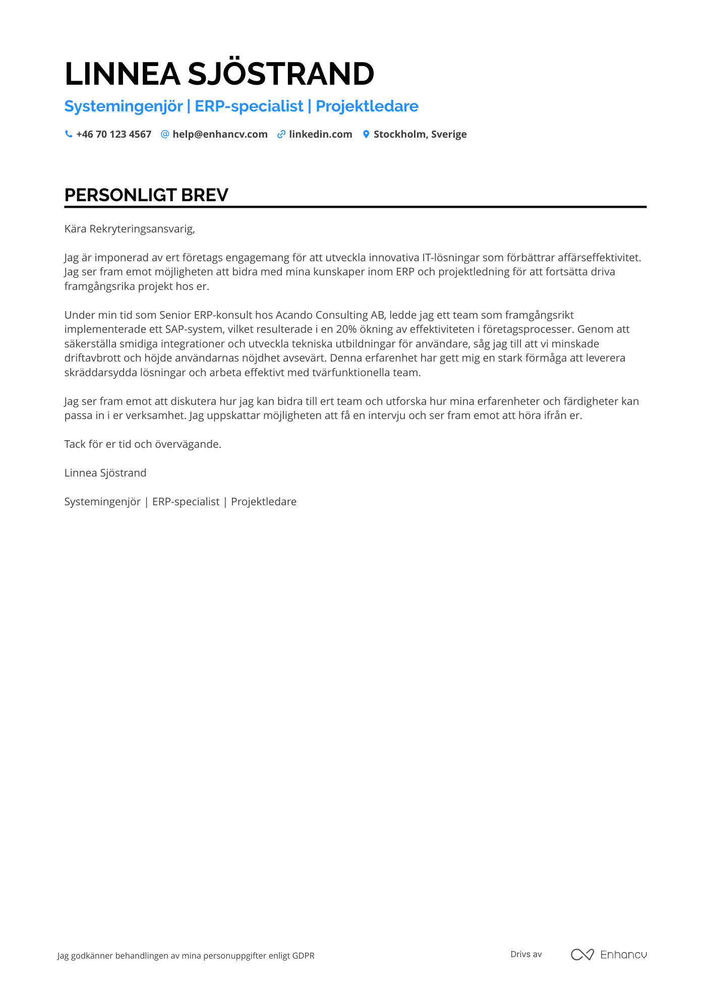 Personligt brev för Systemingenjör för ERP system Resume Example