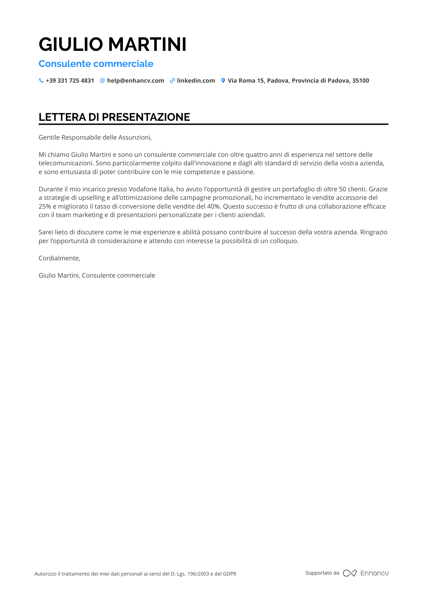 Venditore di Servizi di Telecomunicazione Resume Example