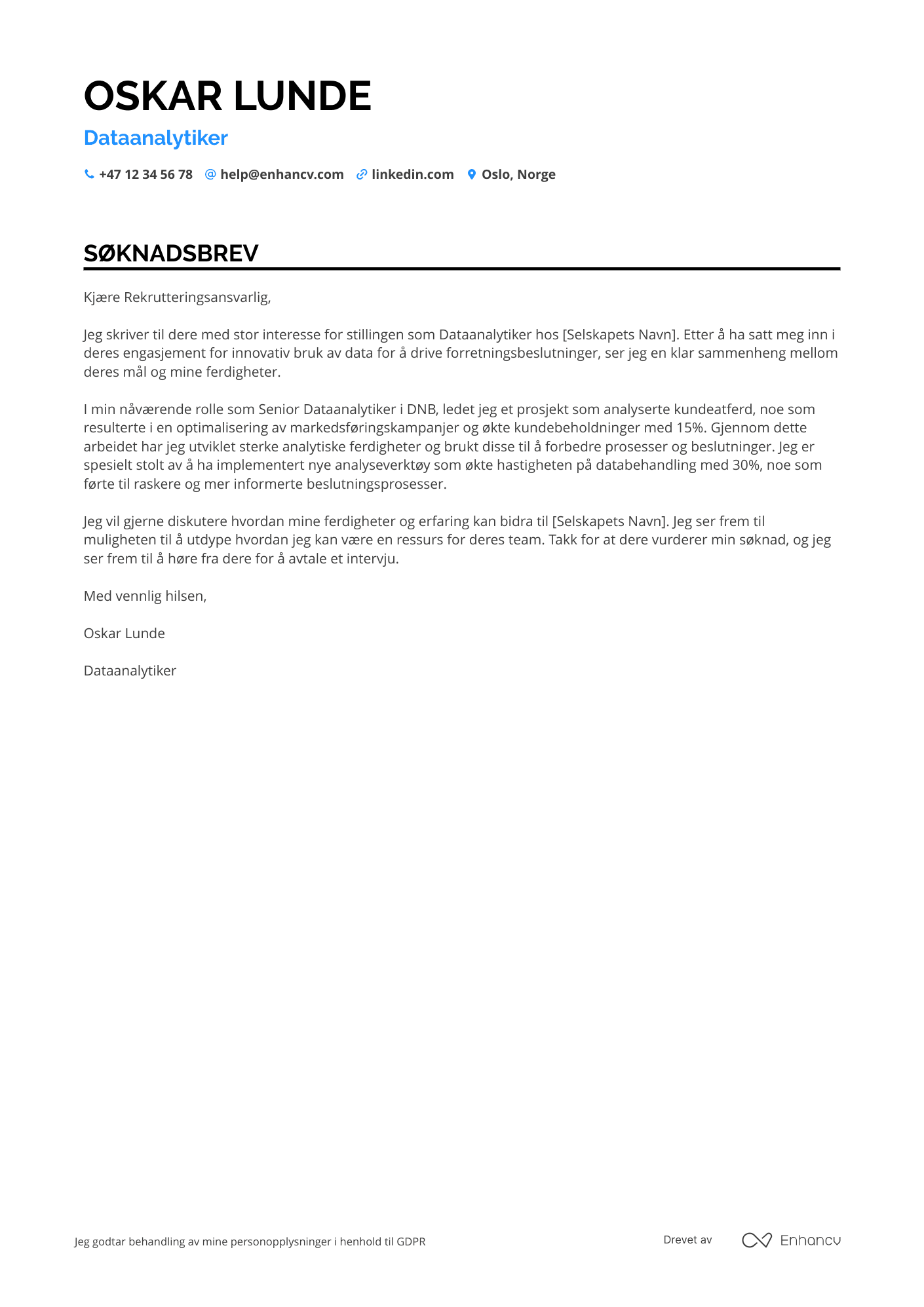 Søknadsbrev for Bank Dataanalytiker Resume Example